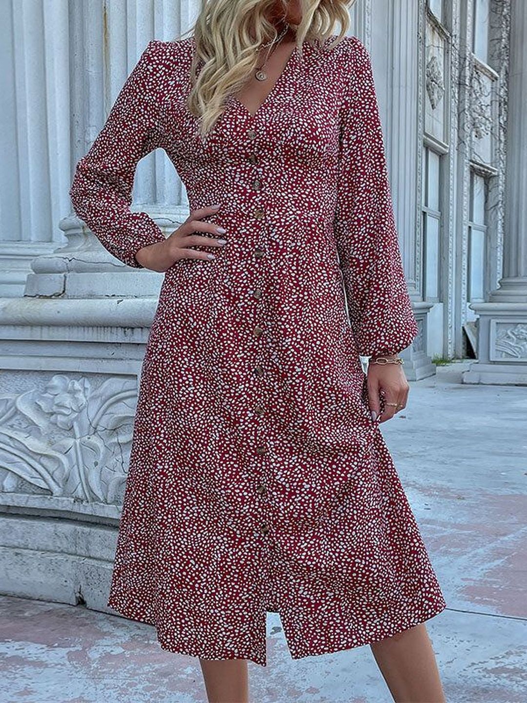 Women's Red Floral Print A-Line Midi Dress Blend
