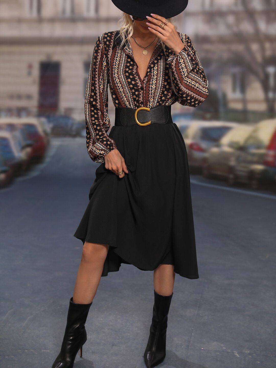 Bohemian Ethnic Print Midi Dress with Long Sleeves