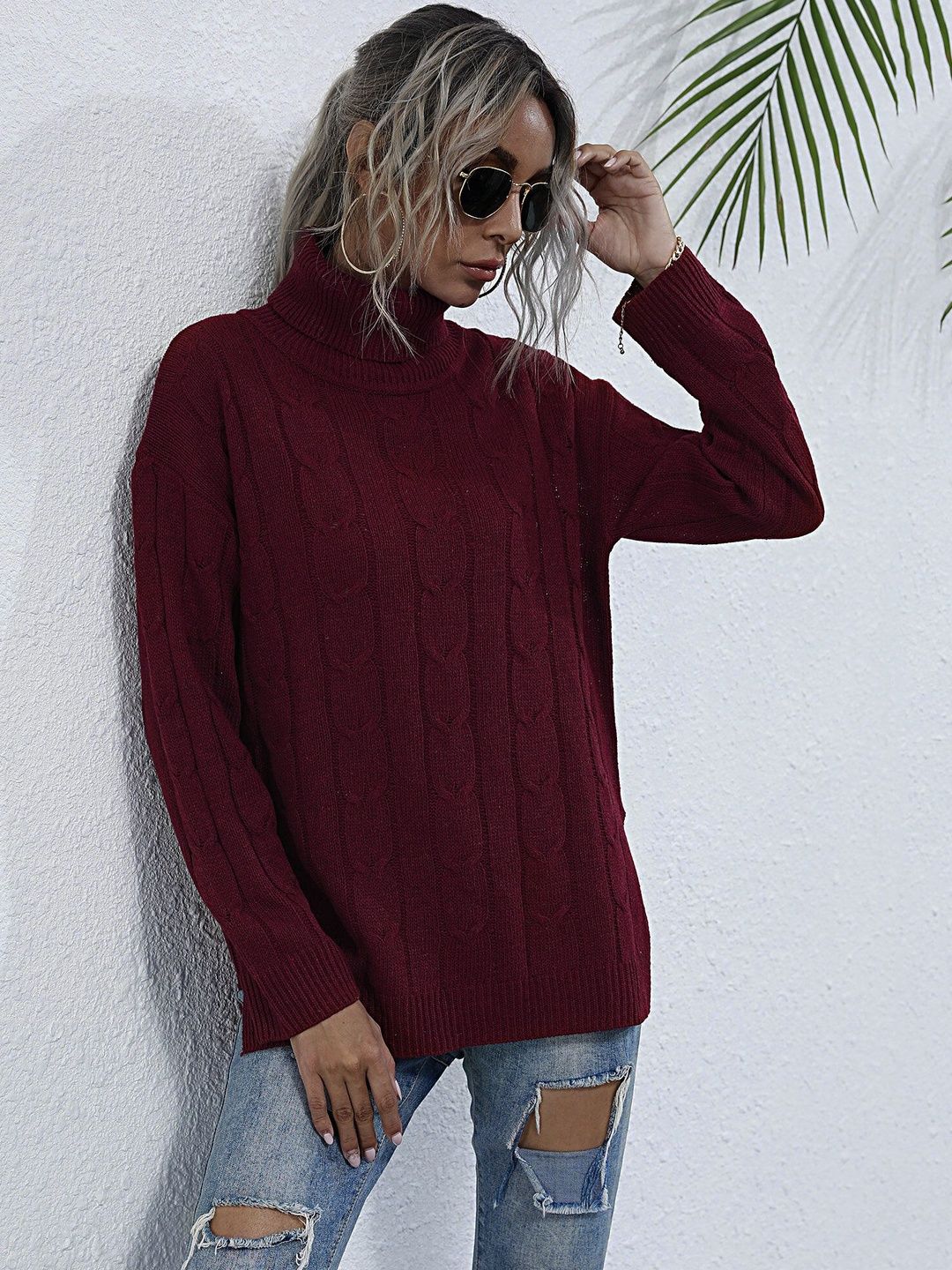 Women's Maroon Cable Knit Pullover