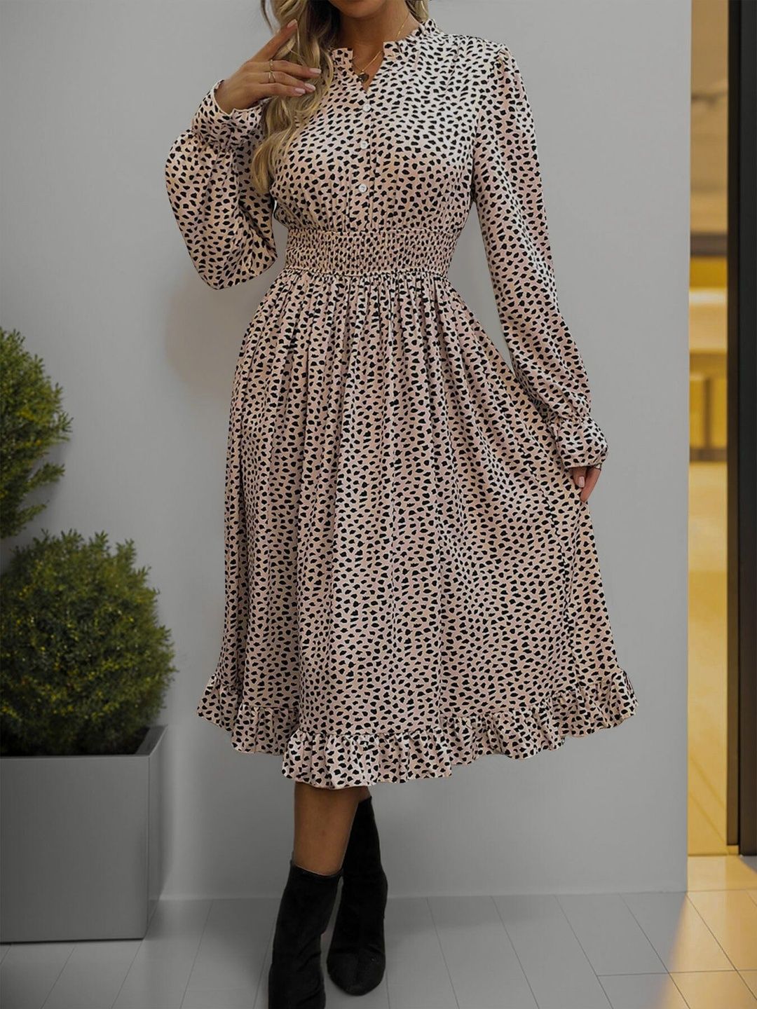 Women's Pink Animal Print Fit & Flare Midi Dress