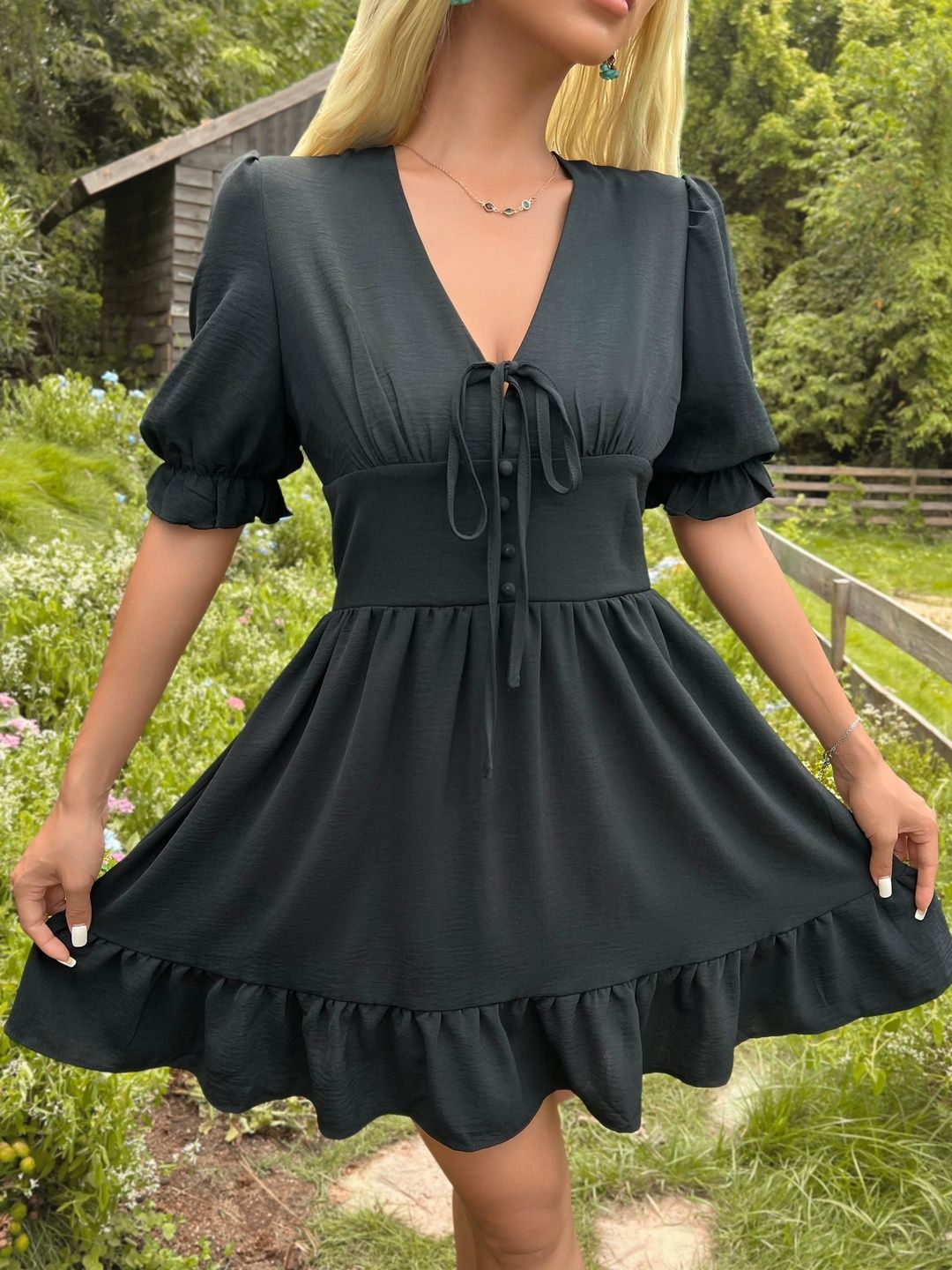 Puff Sleeve Ruffled Fit & Flare Mini Dress