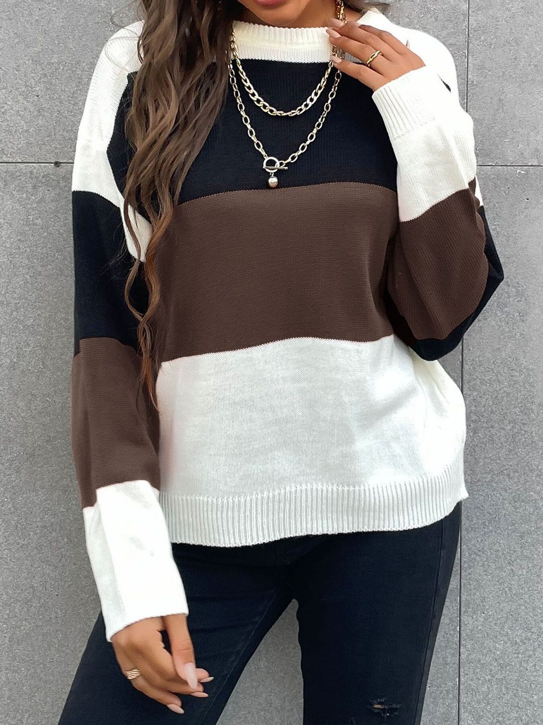 Women's Brown Colourblocked Pullover Blend Printed