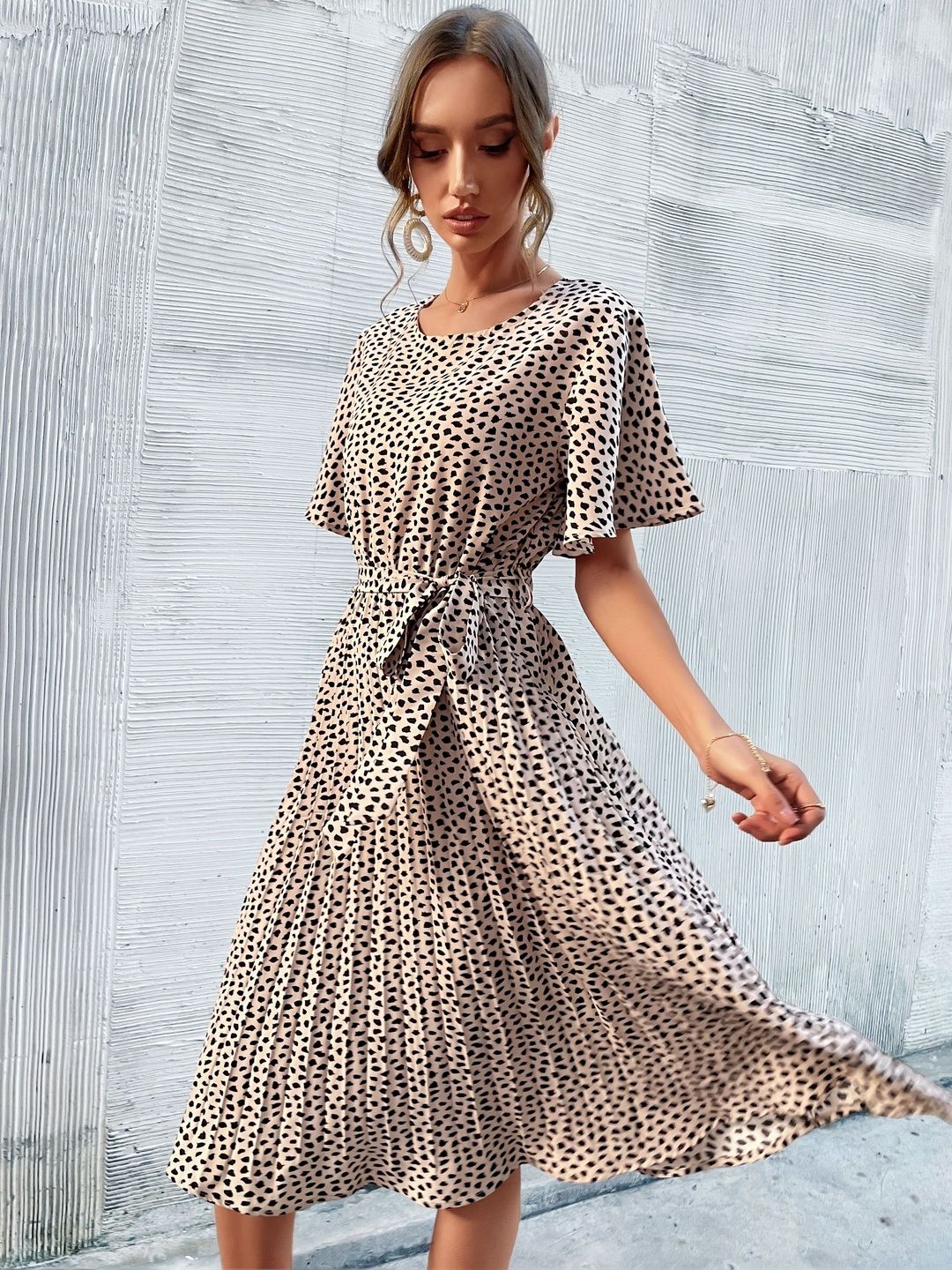 Animal Print Flutter Sleeve Fit & Flare Midi Dress