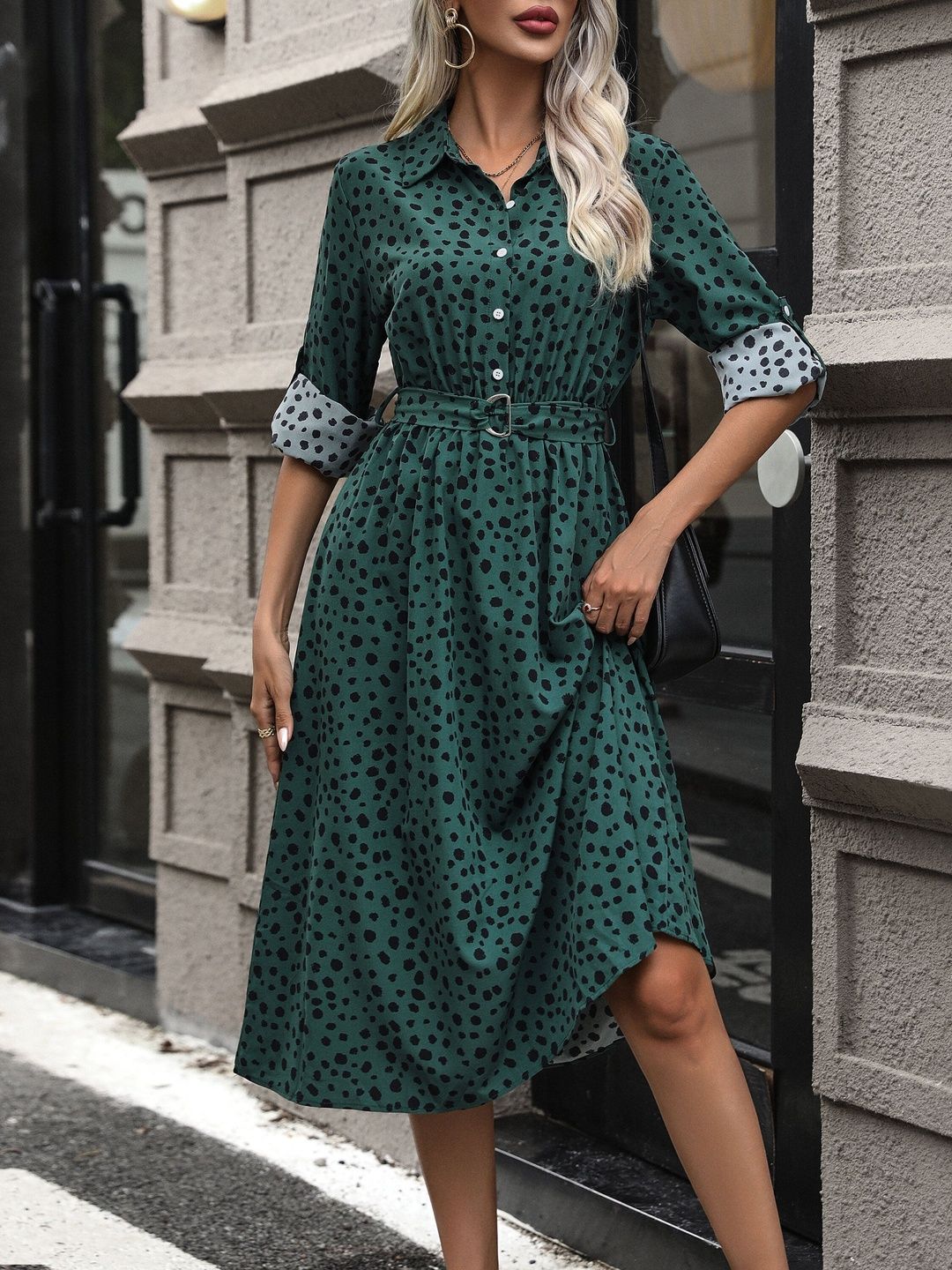 Women's Green Polka Dot Print Shirt Midi Dress