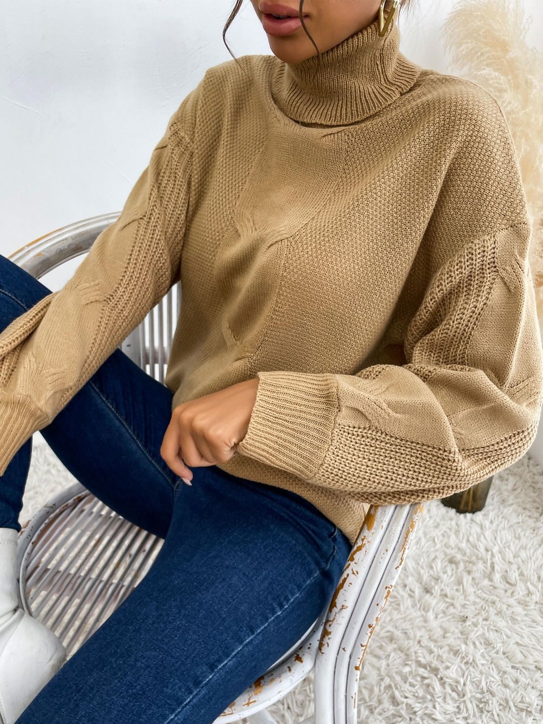Women's Orange Nowi Women Cable Knit Pullover Printed