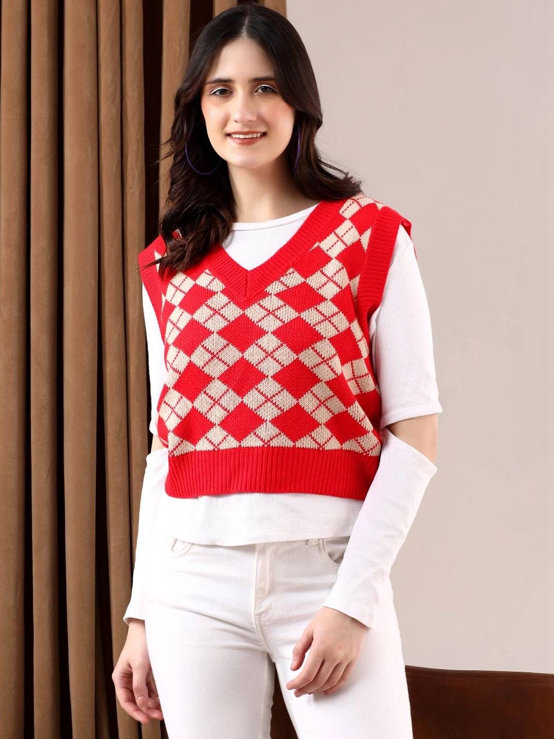 NOWI Women Argyle Printed Woollen Crop Sweater Vest