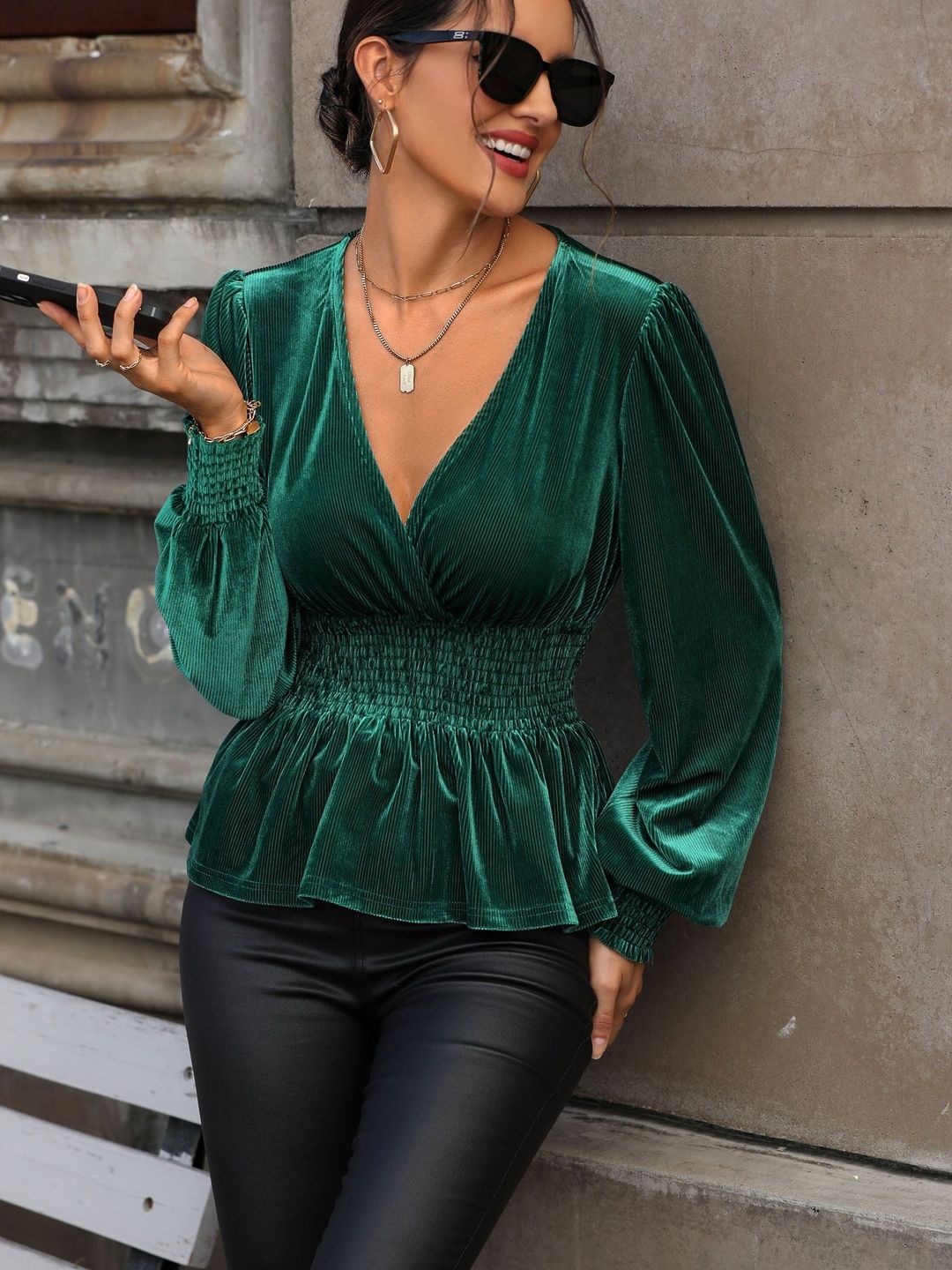 Women's Green Peplum Top Blend Printed