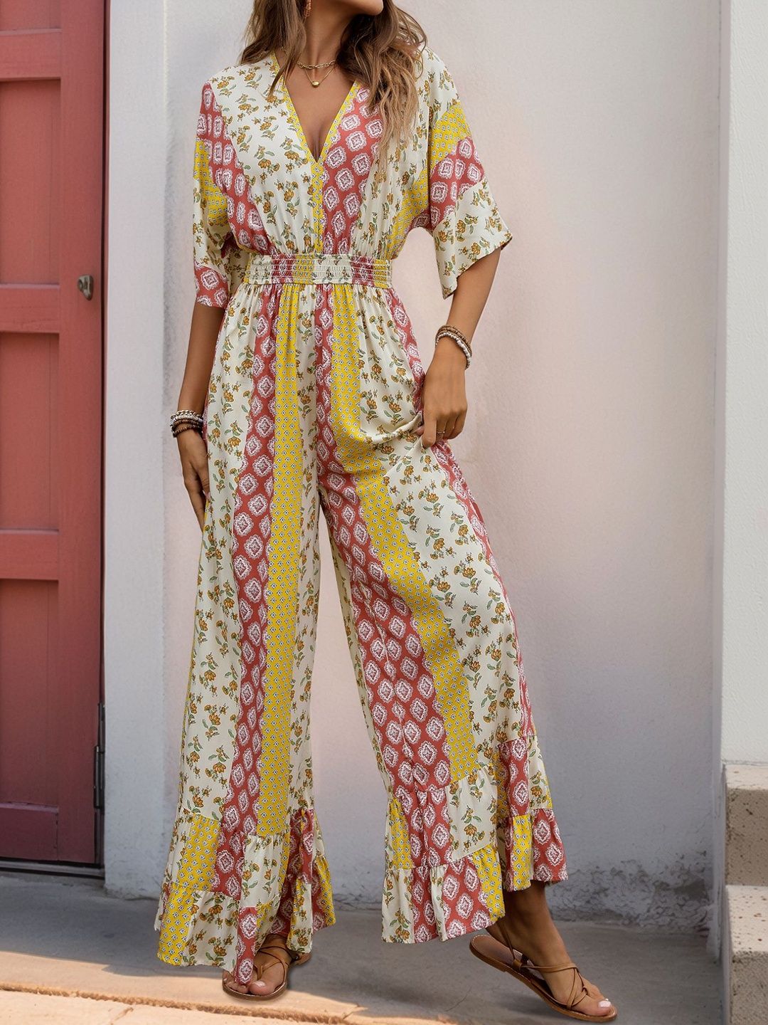 Printed Basic Jumpsuit with Ruffles