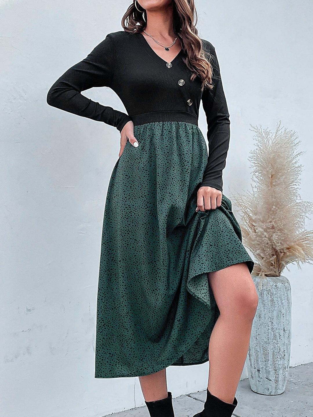 Women's Teal Nowi Print A-Line Midi Dress