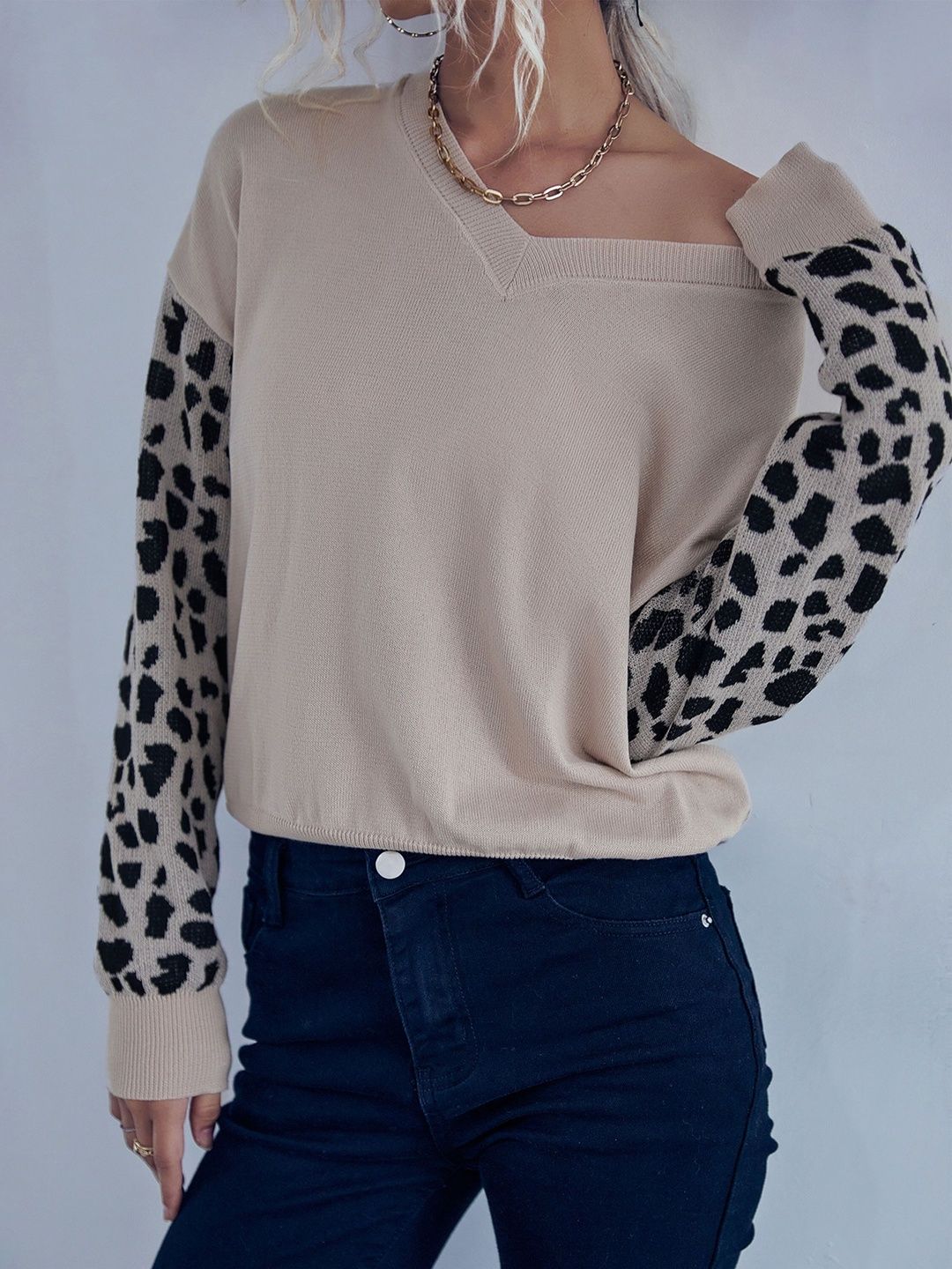 Women's Beige Animal Colourblocked Pullover
