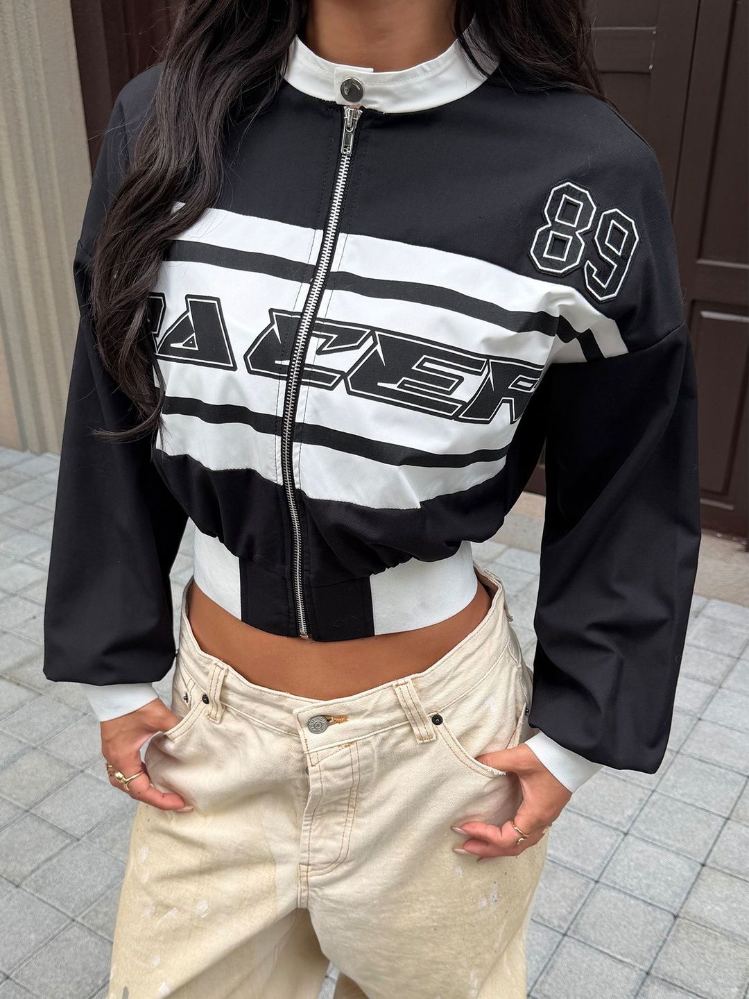 NOWI Women Colourblocked Crop Bomber Jacket