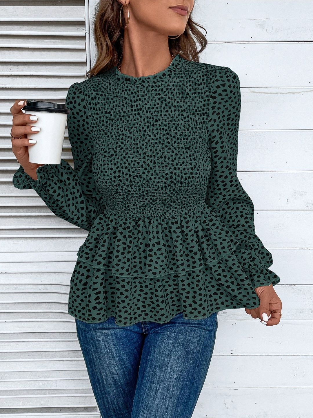 Women's Green Stylish Smocked Peplum Top