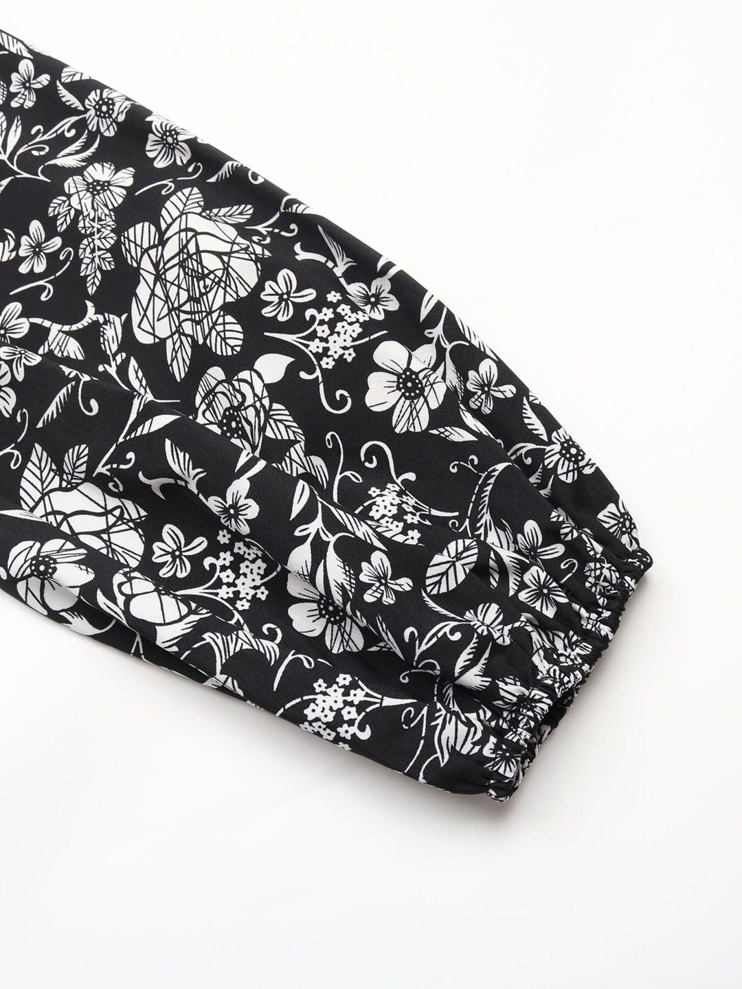 Women's Black Floral Print Bishop Sleeve Midi Dress