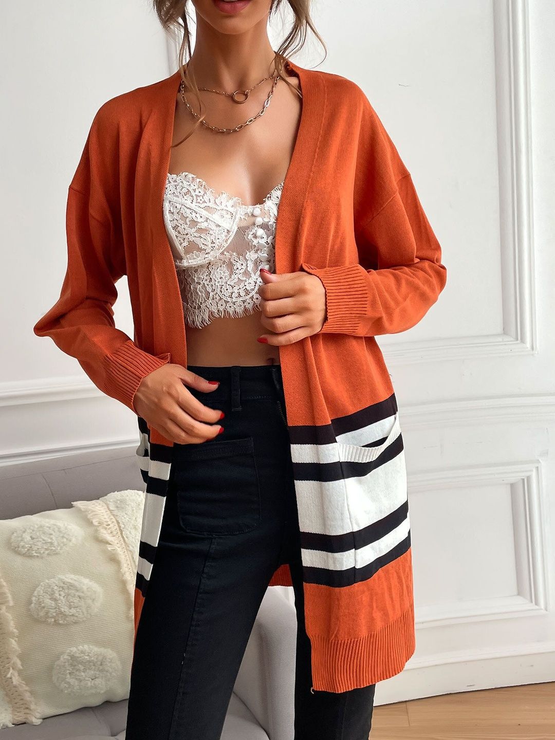Women's Orange Colourblocked Cardigan