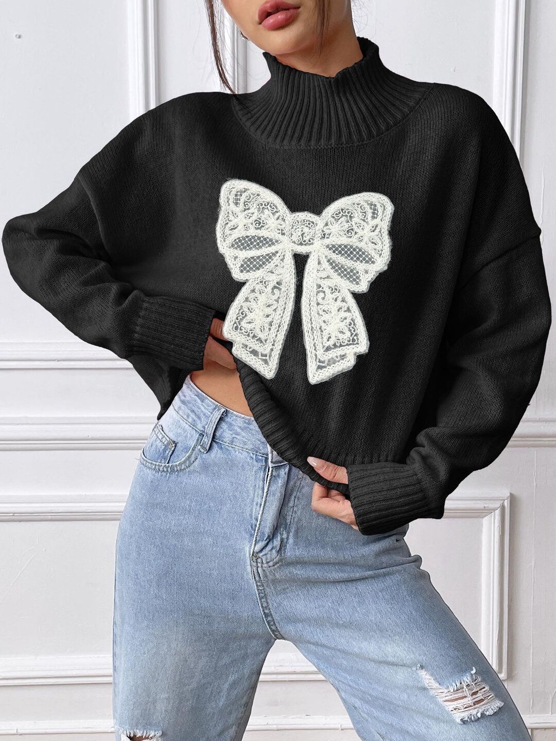 Women Embroidered Crop Pullover with Embroidered Detail