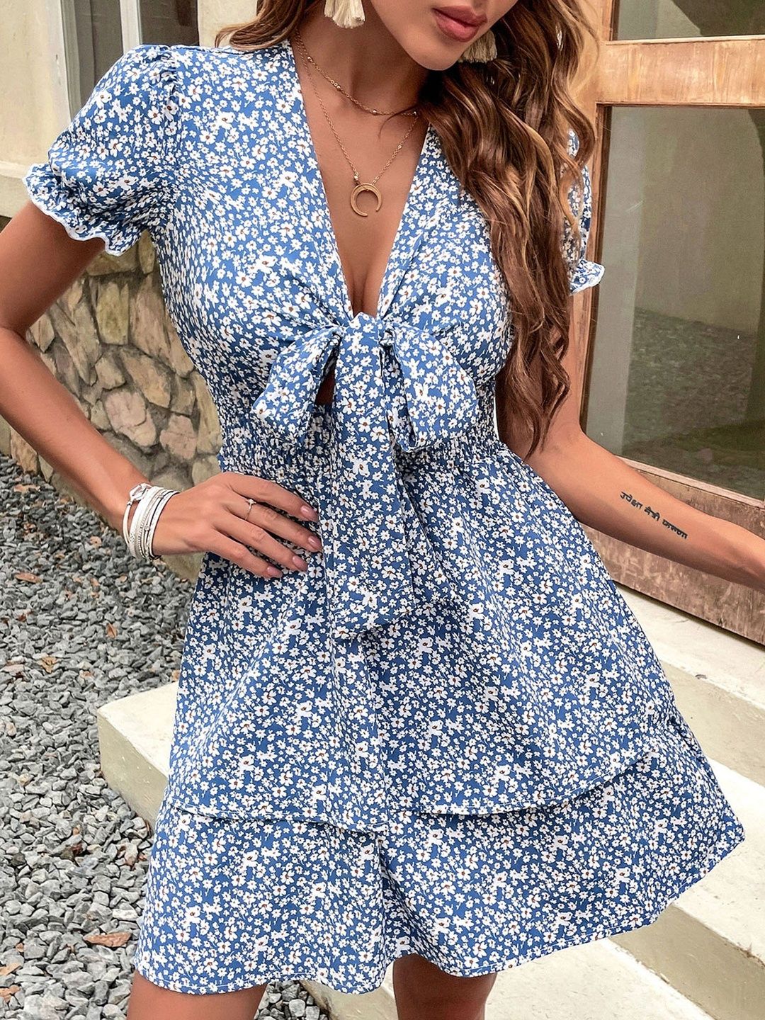 Floral Print Puff Sleeve Fit & Flare Mini Dress