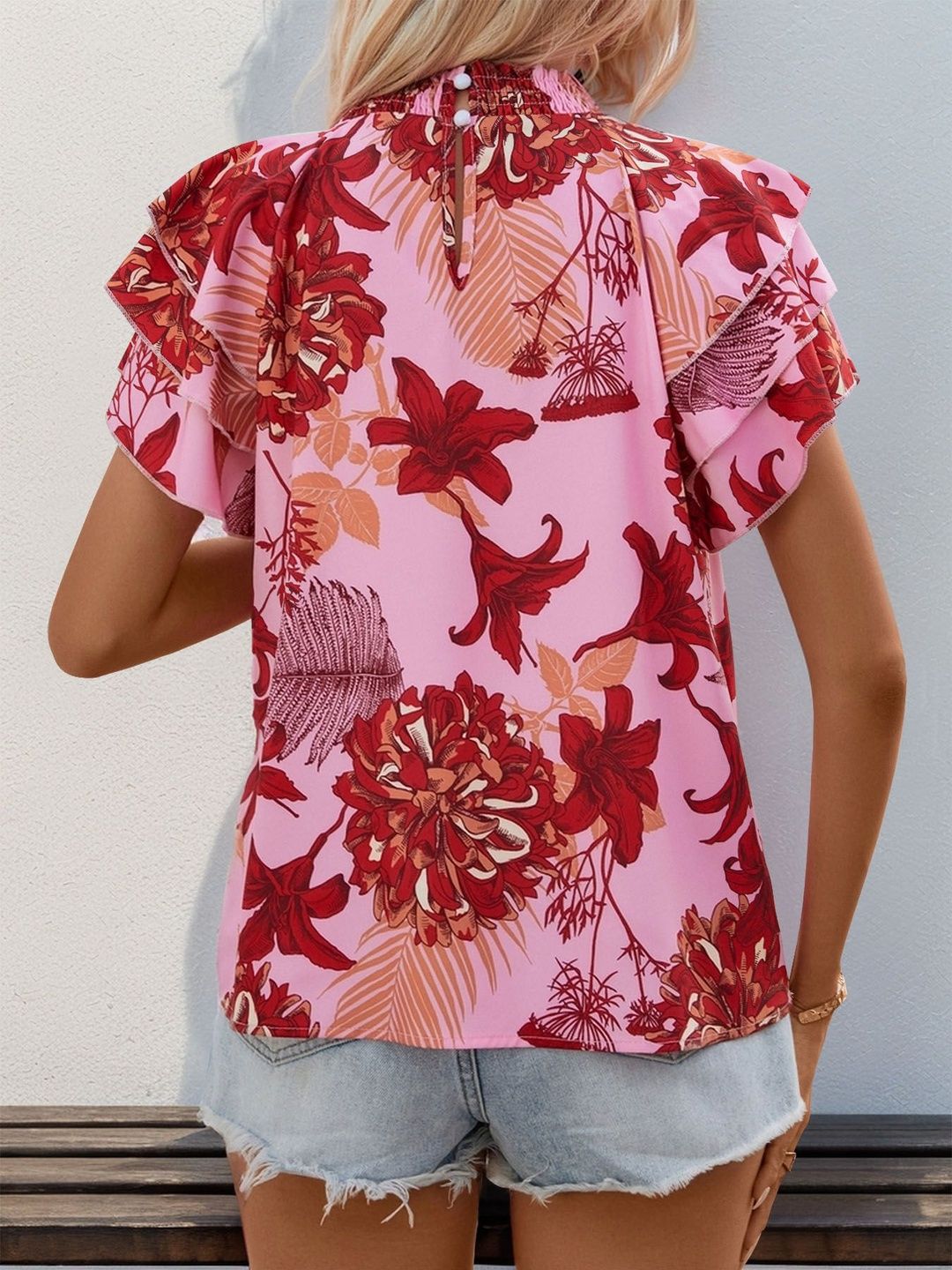 Floral Print Flutter Sleeve Ruffles Top