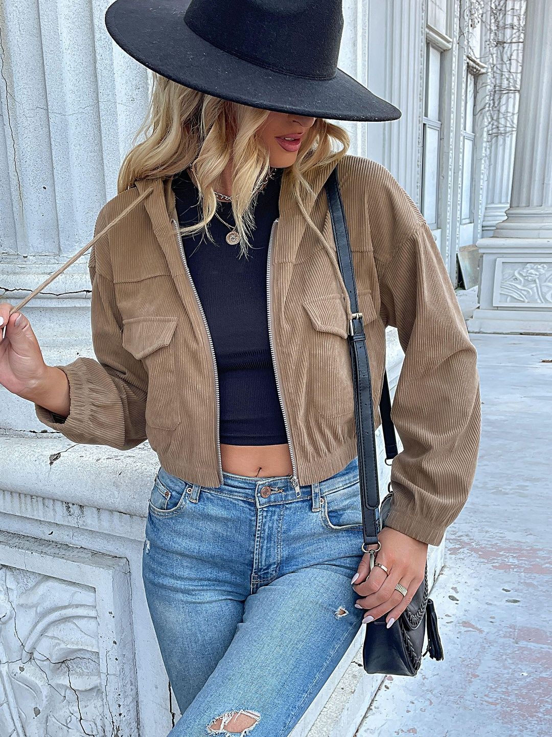 Women Corduroy Crop Bomber Jacket