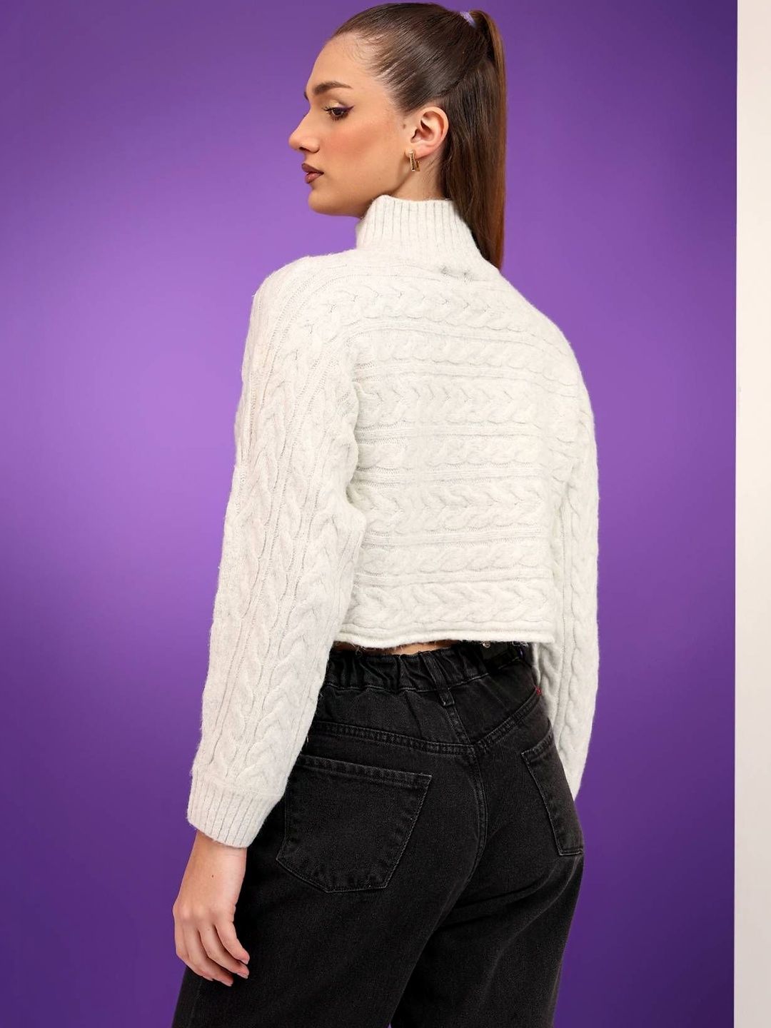 NOWI Women Cable Knit Woollen Crop Pullover