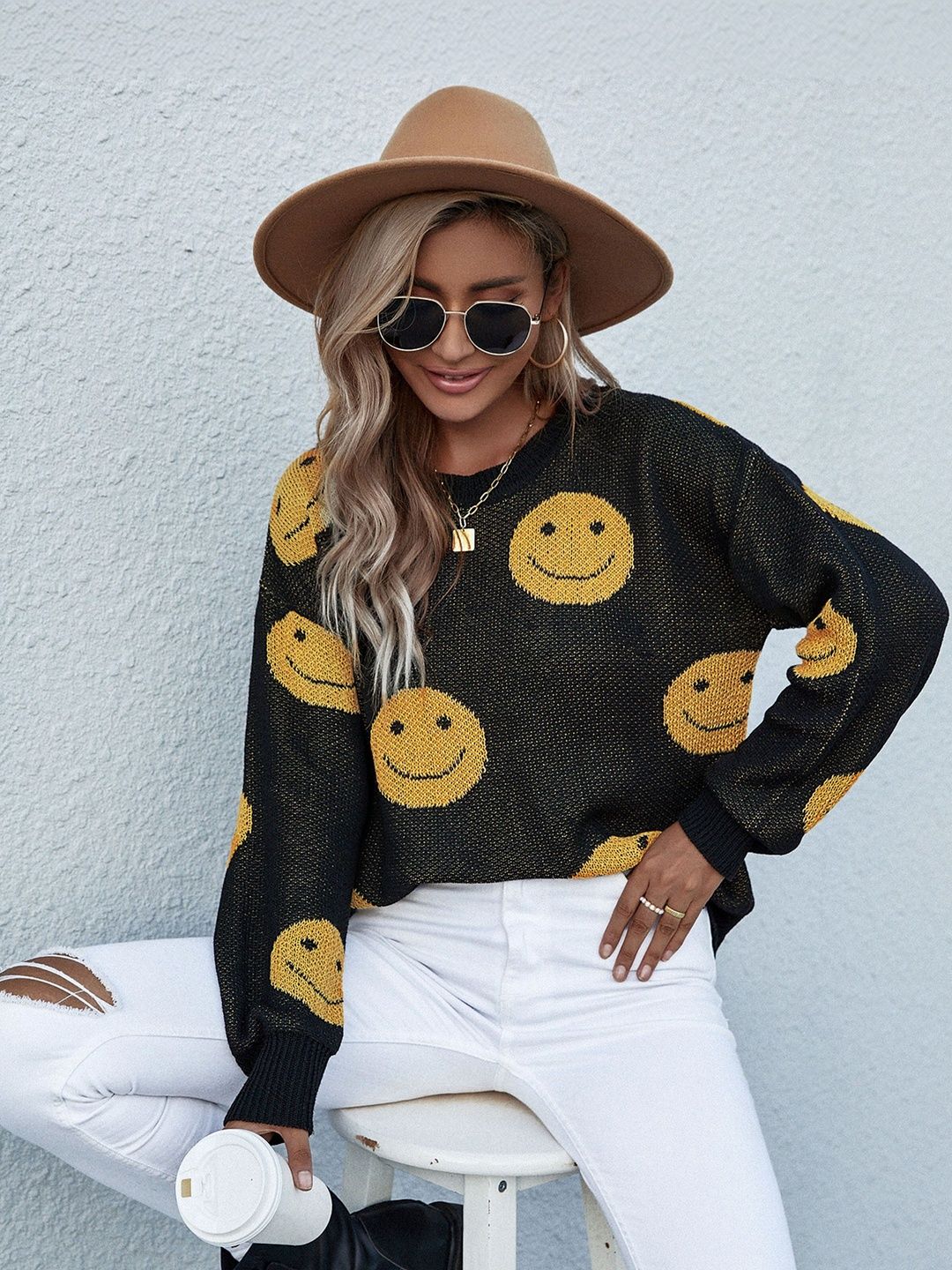 Women's Black Printed Pullover Blend Regular Fit