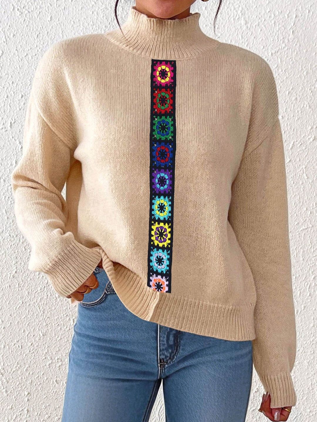 Women Colourblocked Pullover with Embroidered Detail