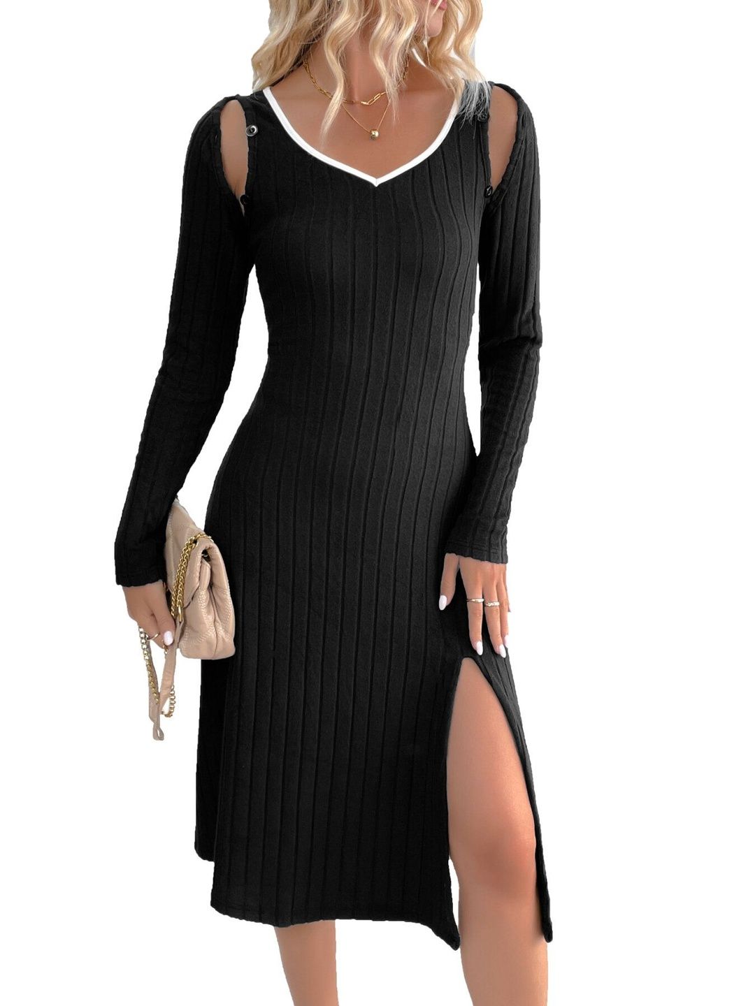 Women's Black Bodycon Midi Dress Blend Printed