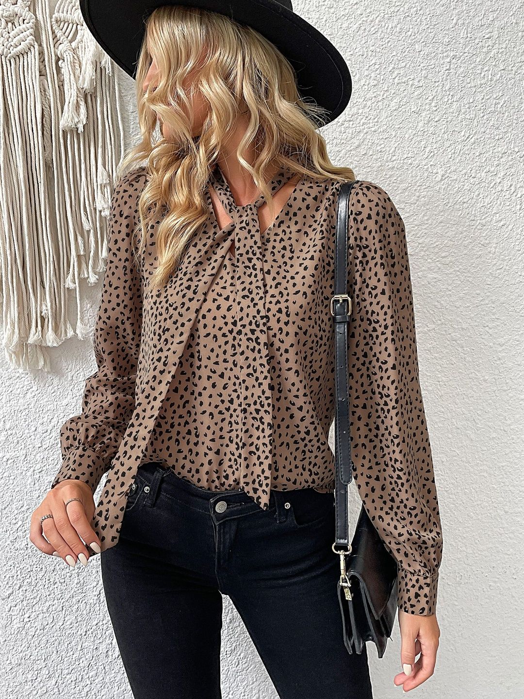 Women's Brown Animal Print Tie-Up Neck Top