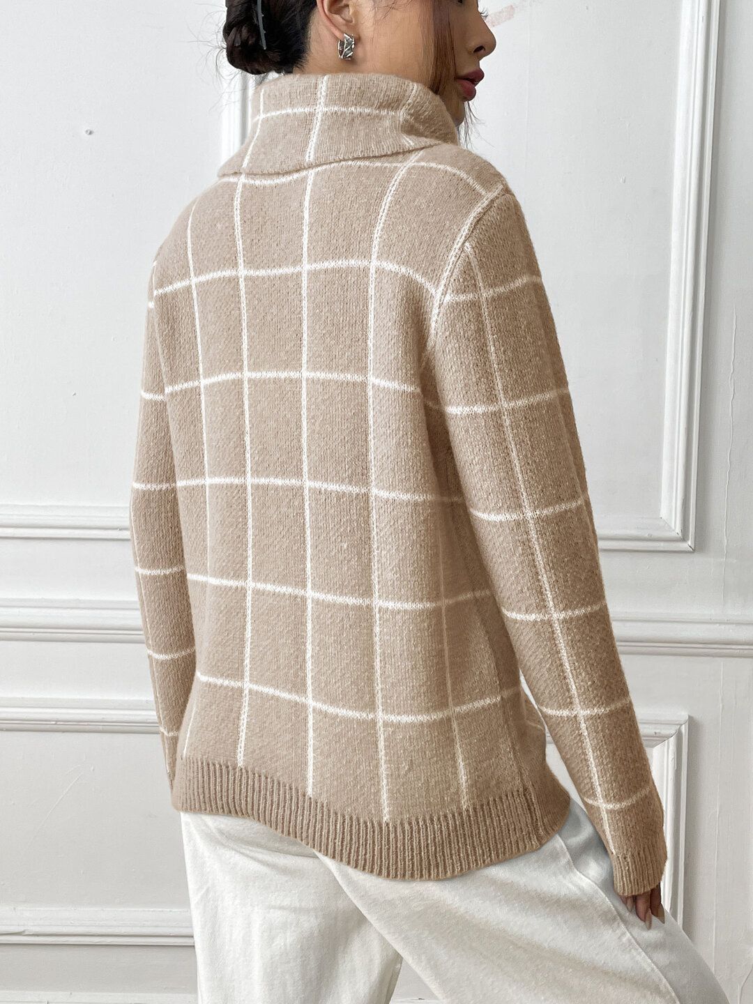 Women Checked Pullover with Embroidered Detail