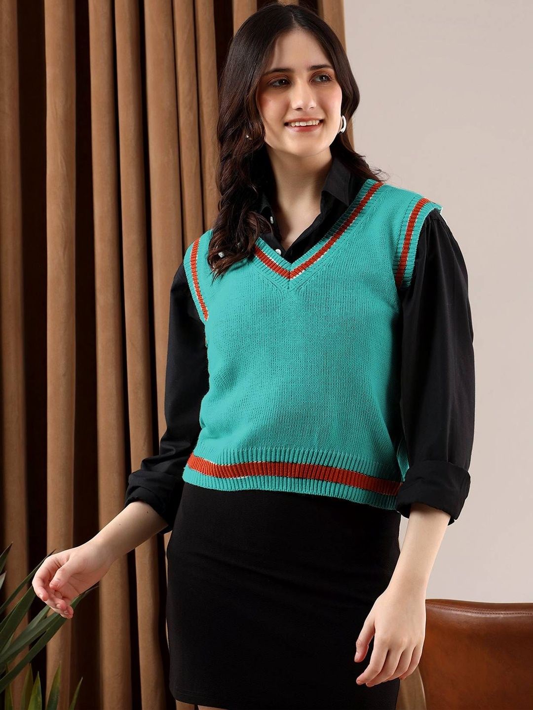 Women Striped Woollen Crop Sweater Vest