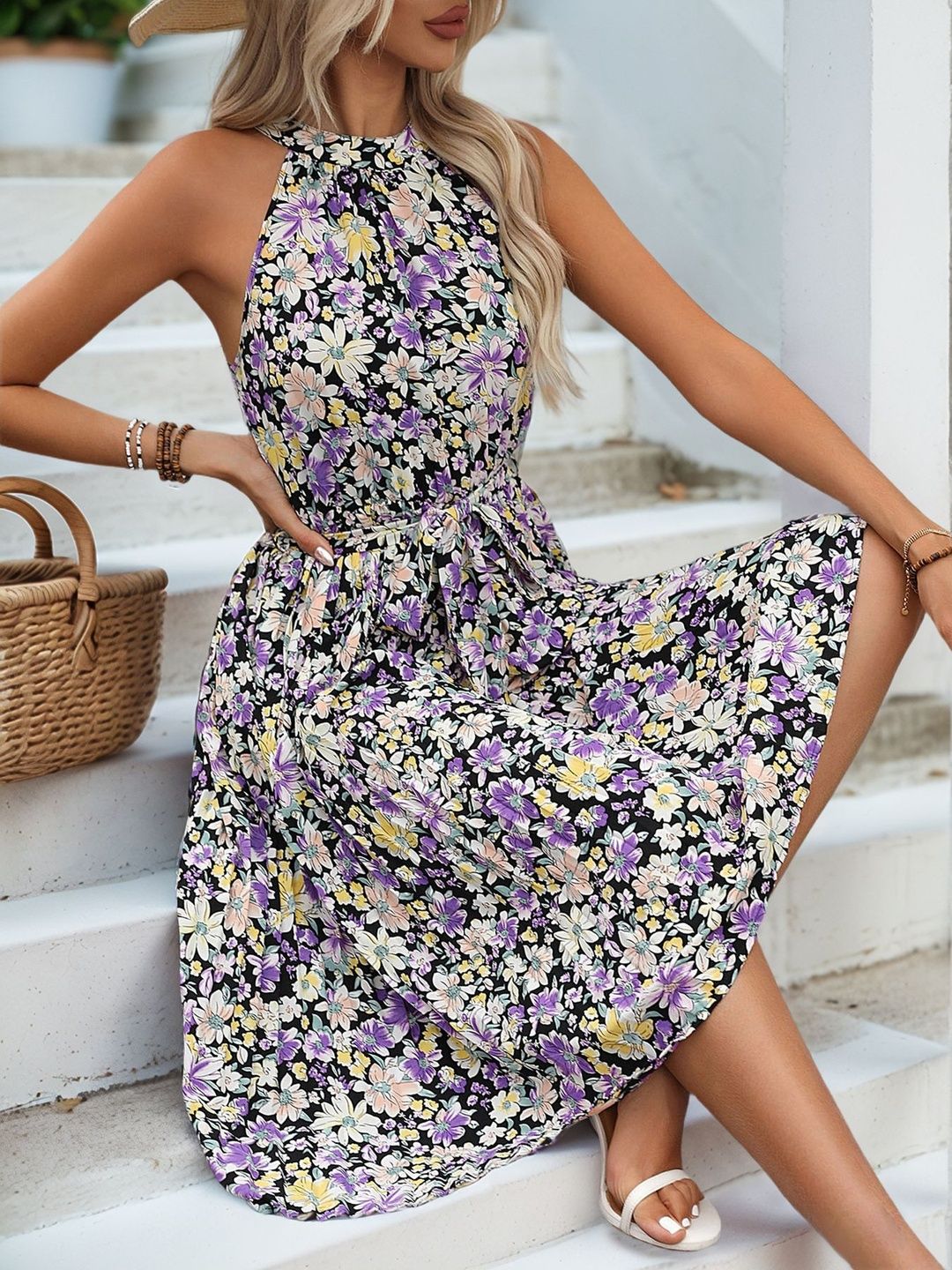 Floral Print Halter Neck Fit & Flare Midi Dress