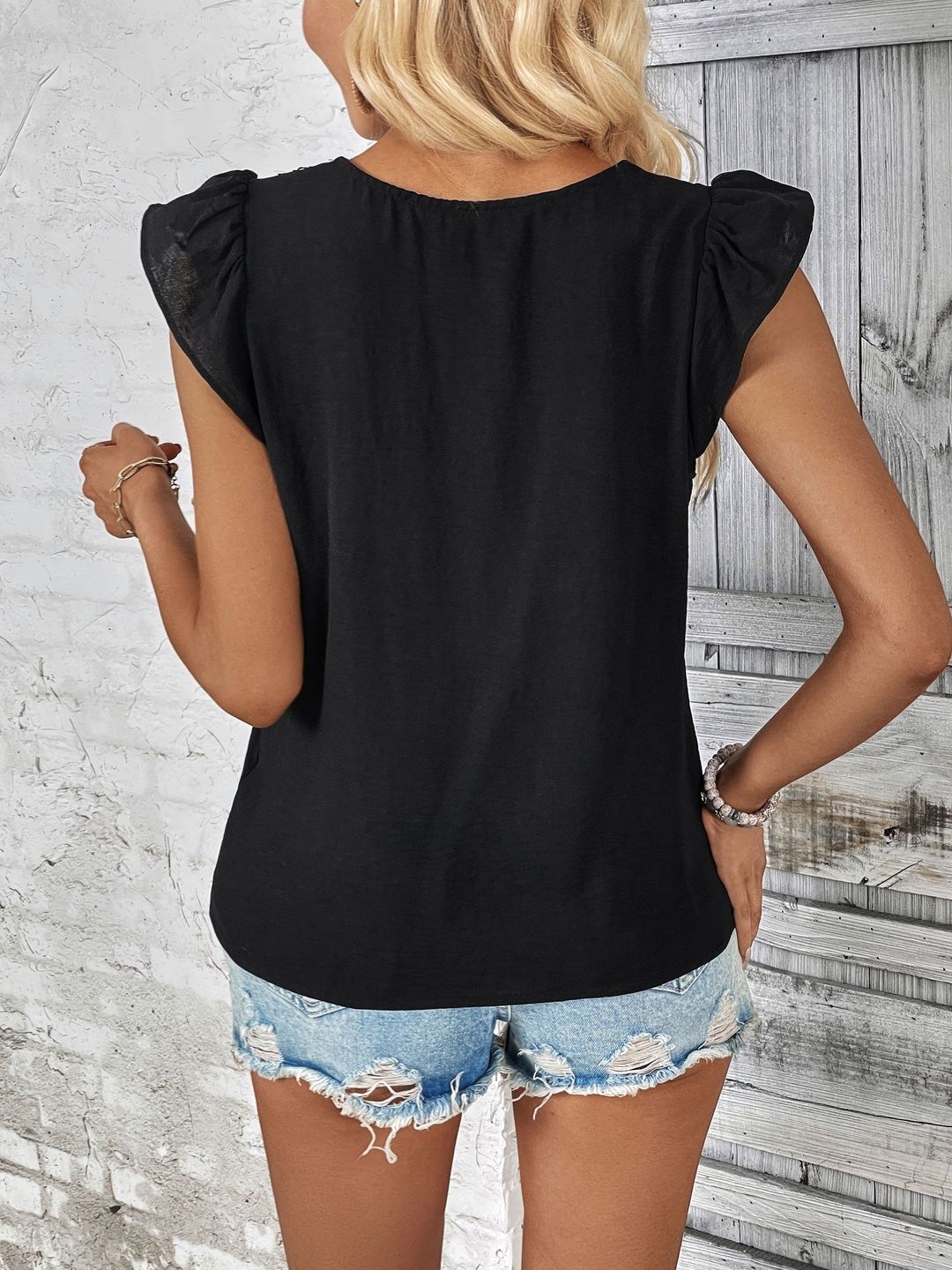 Black Colourblocked V-Neck Flutter Sleeve Top