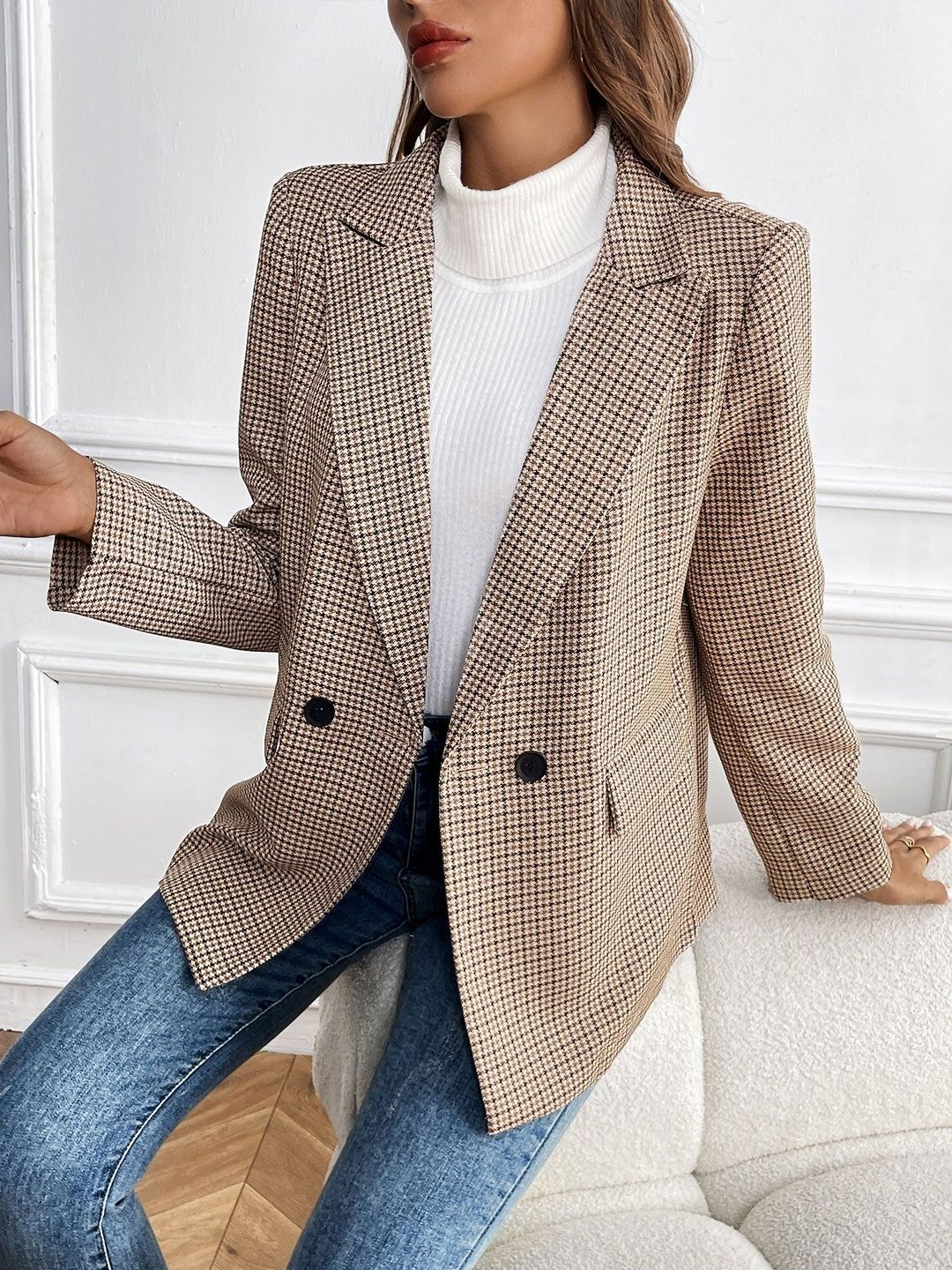 Women's Beige Checked Comfort Fit Double-Breasted Blazer