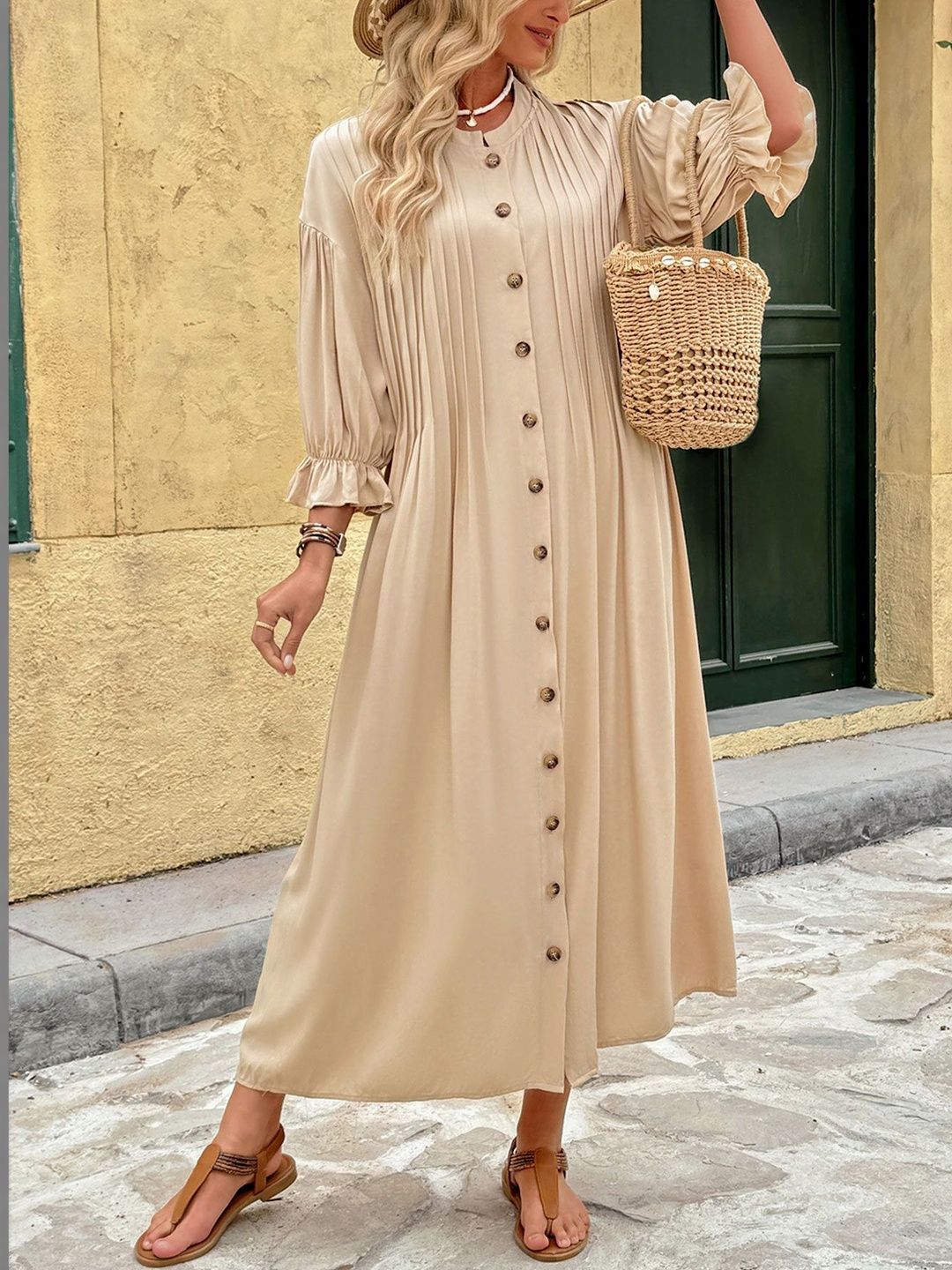 Puff Sleeve A-Line Midi Dress