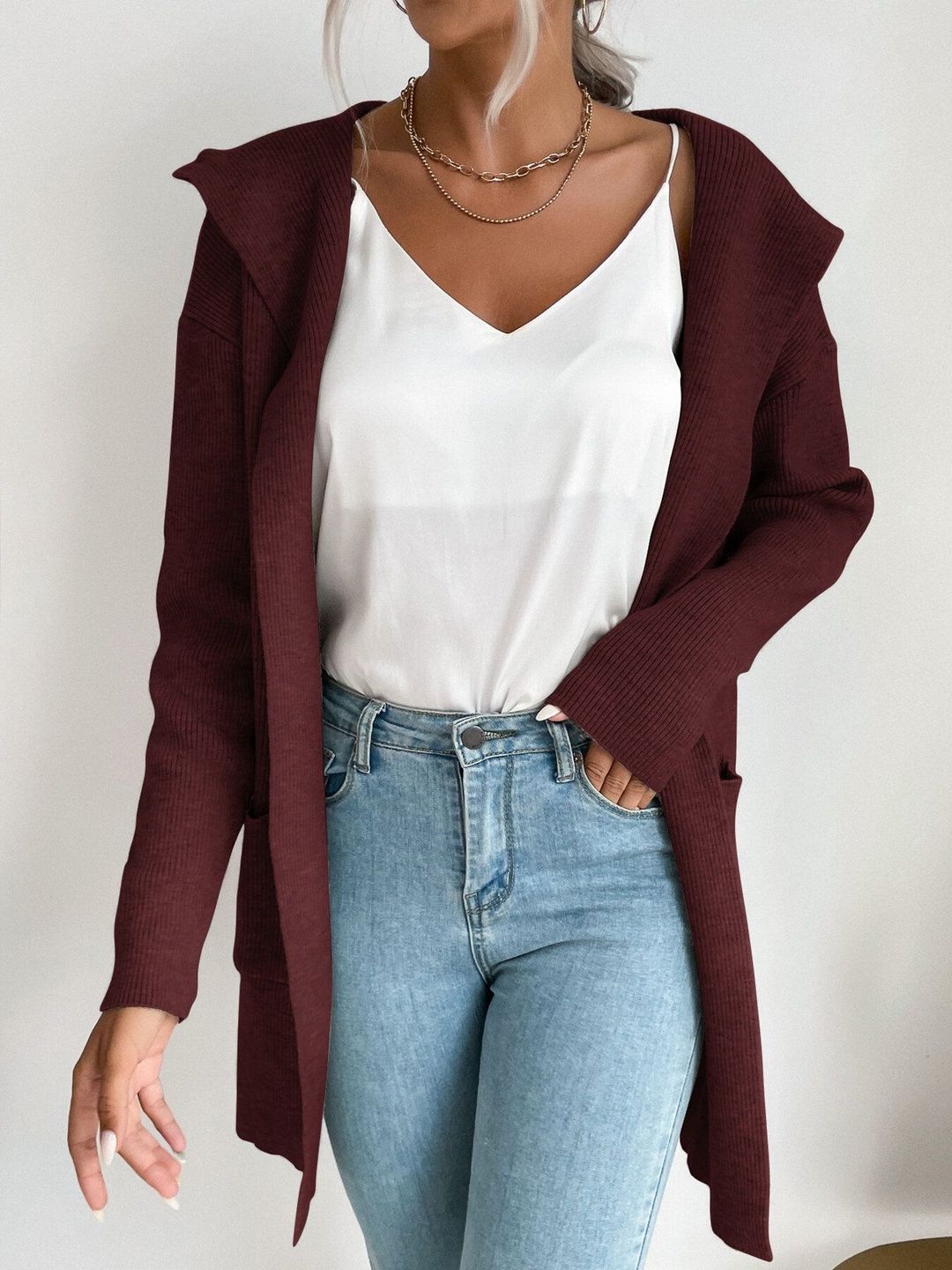 Women's Maroon Ribbed Cardigan