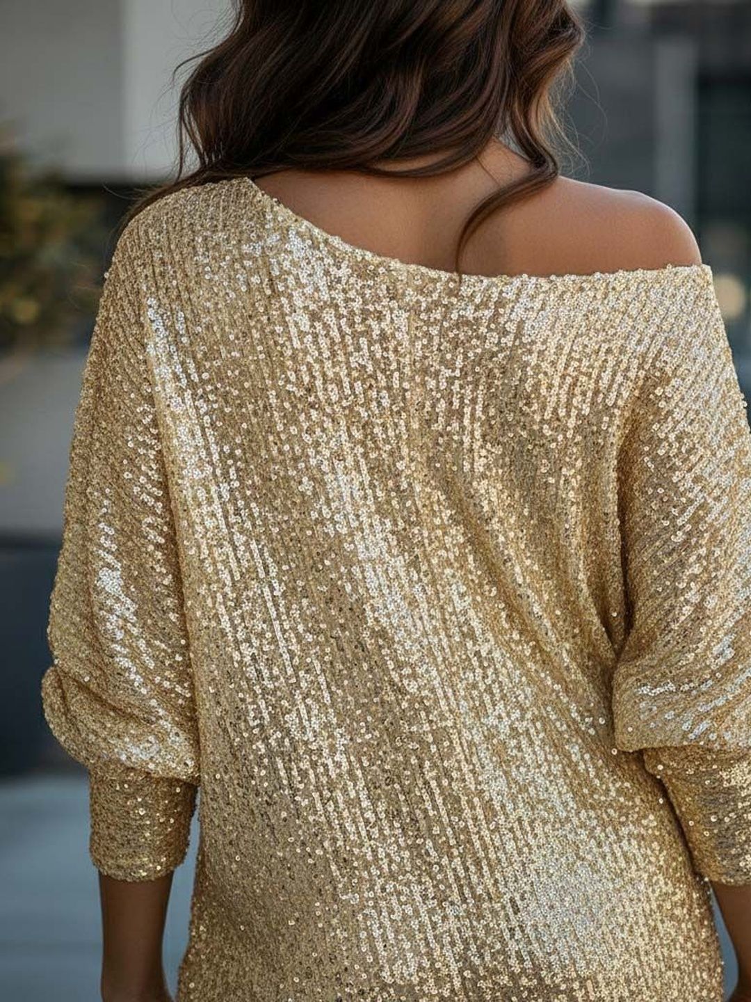 Gold-Toned Off-Shoulder Sequined Mini Dress
