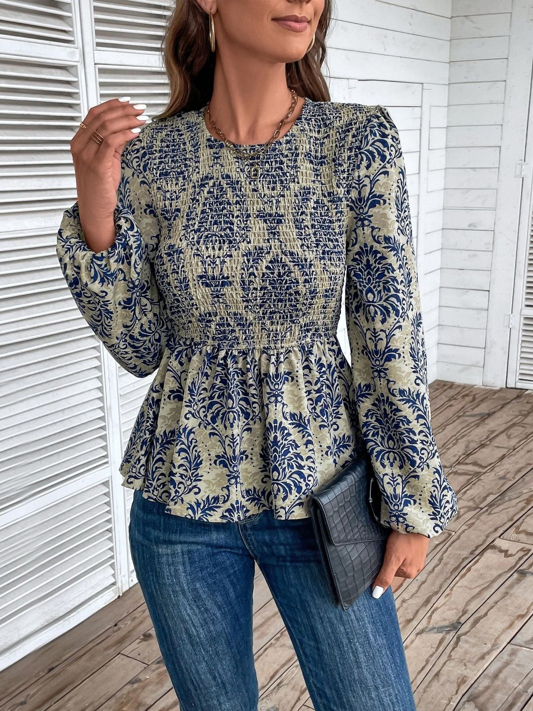 Women's Blue Floral Print Cotton Top