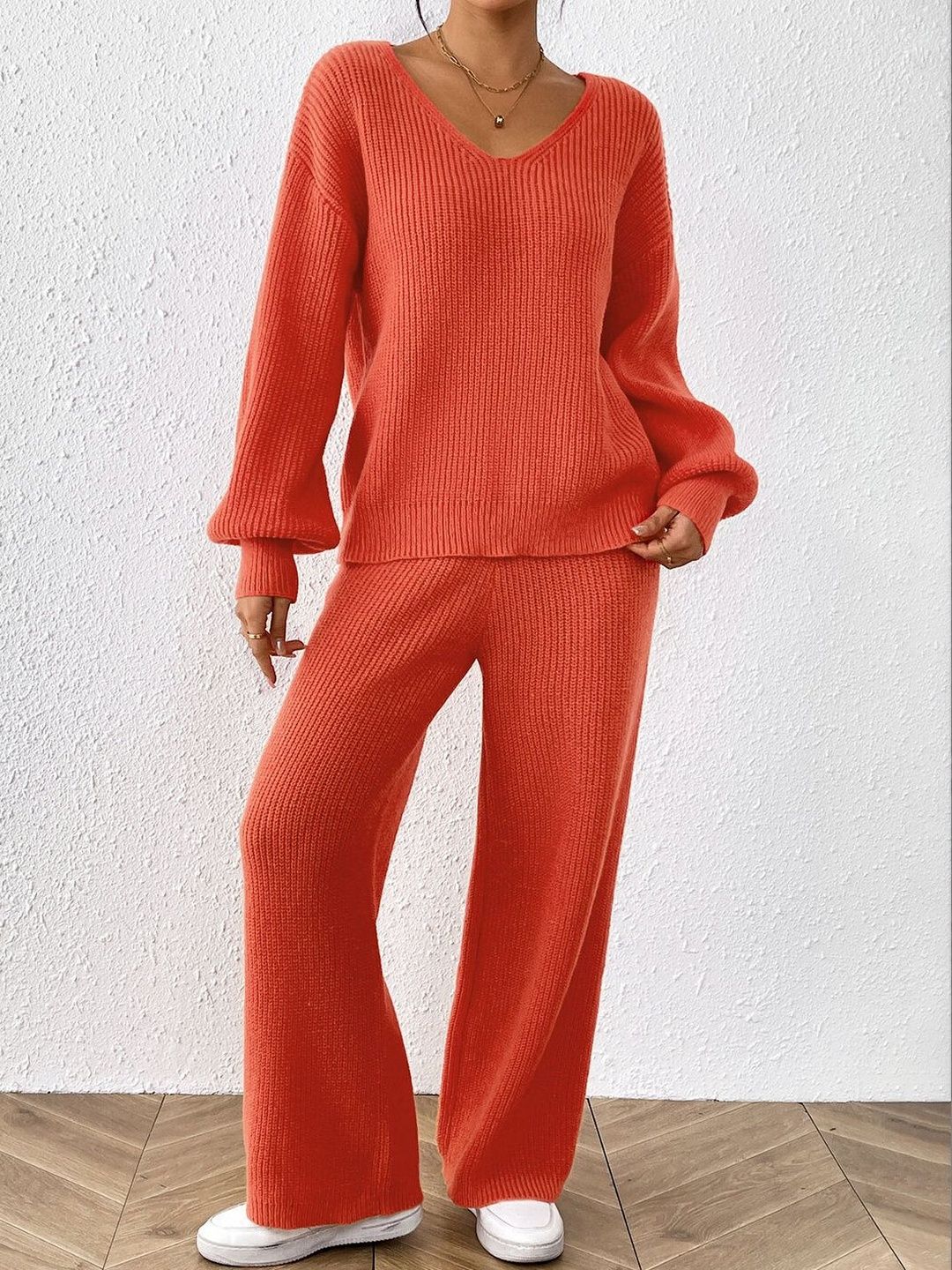 Orange Knitted V-Neck Sweater with Trousers