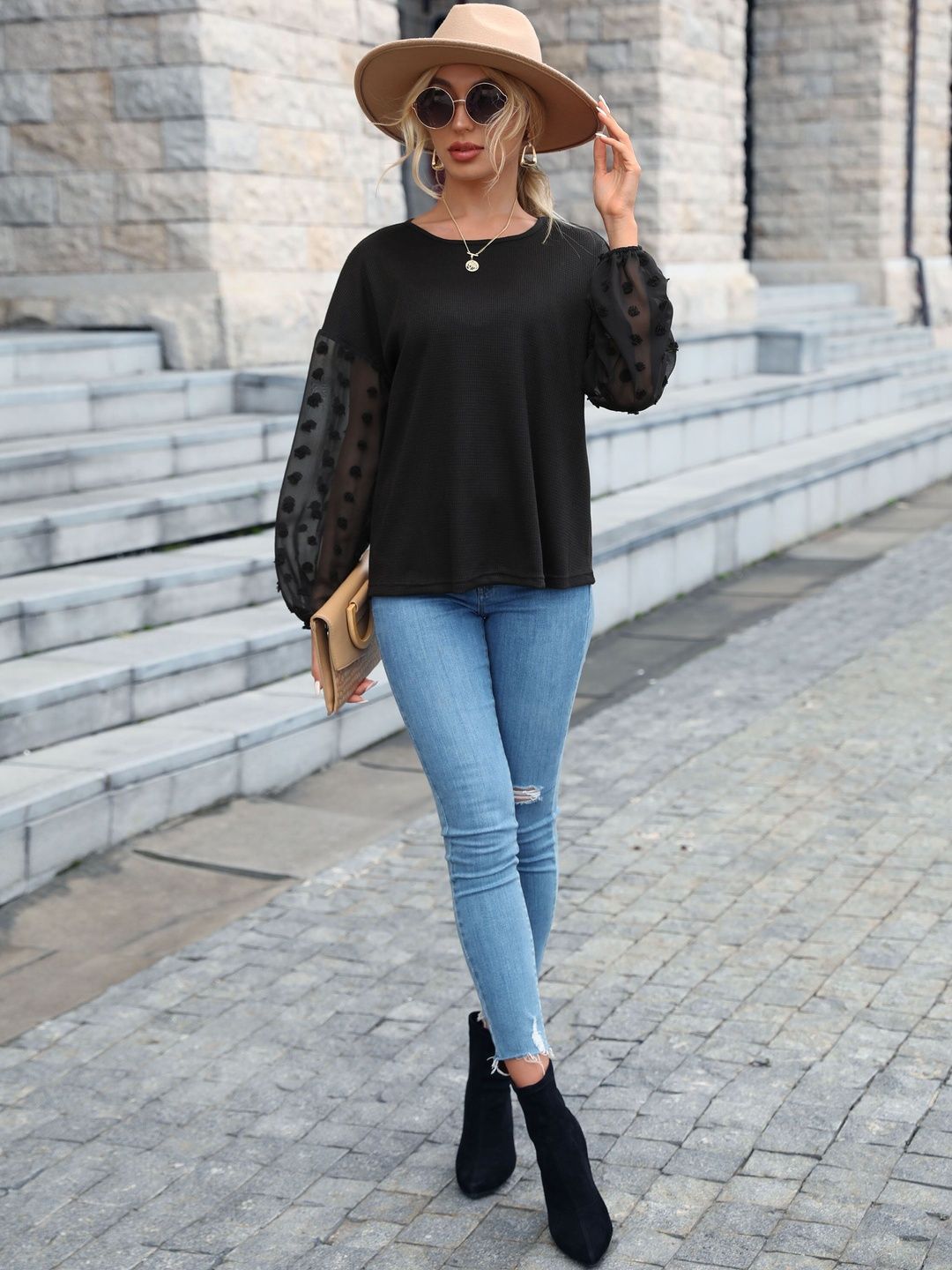 Women's Black Ribbed Pullover With Fuzzy Detail