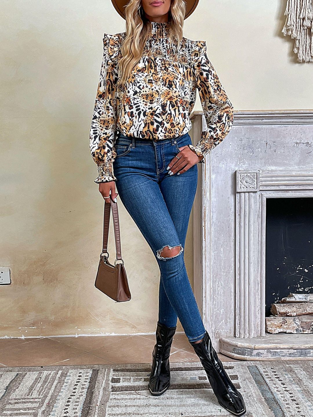 Women's Grey Nowi Stylish Leopard Print Top