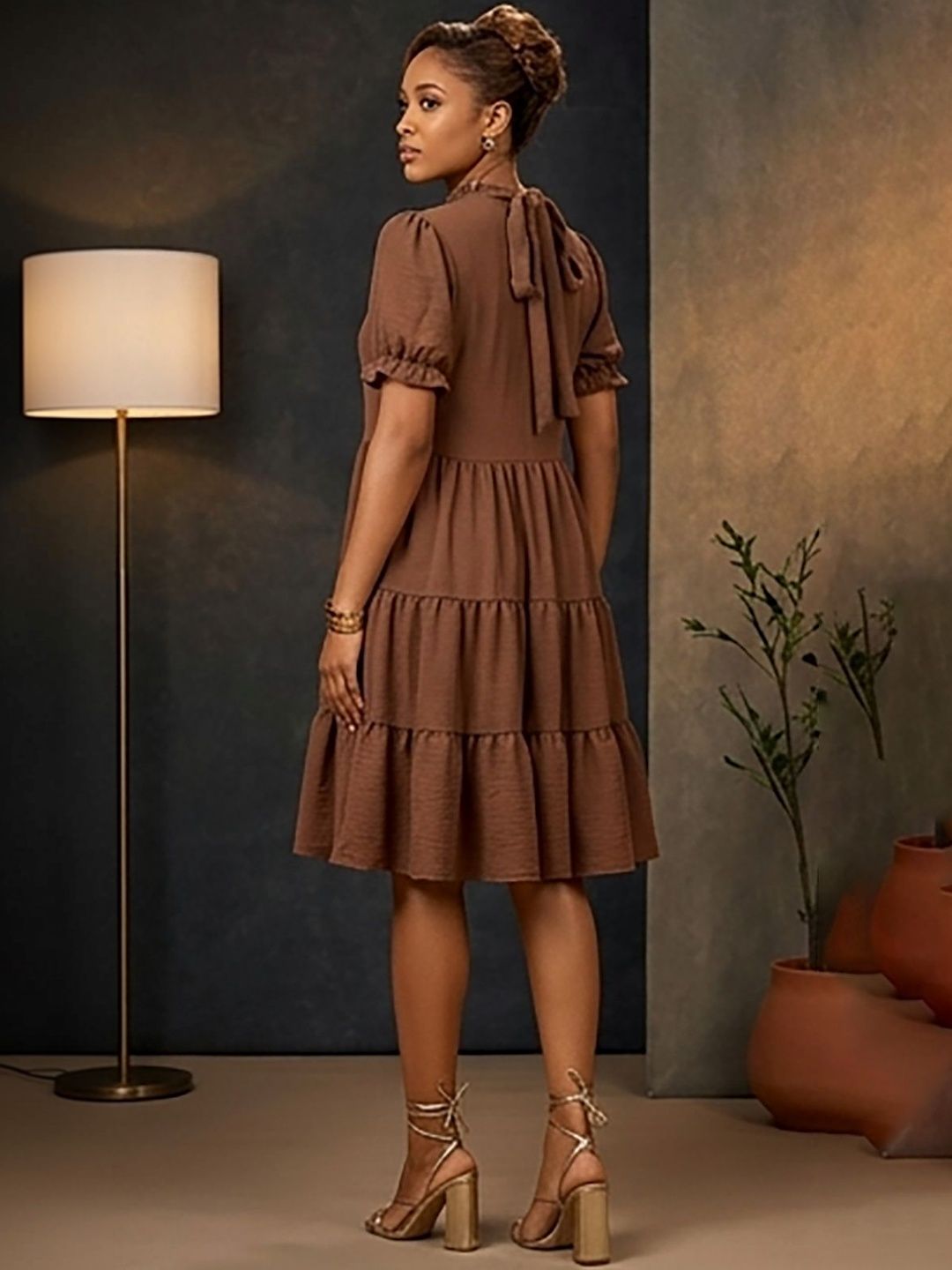 Tie-Up Neck Puff Sleeve Ruffled Dress