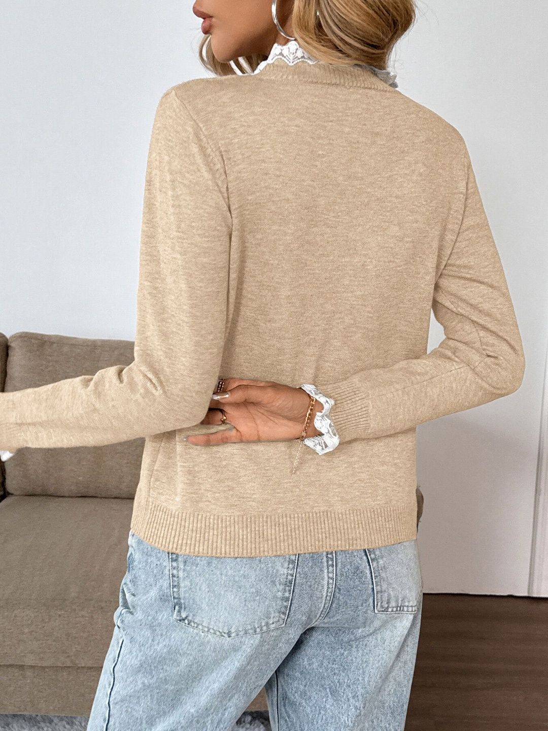 Women's Beige Pullover Blend Printed Regular Fit