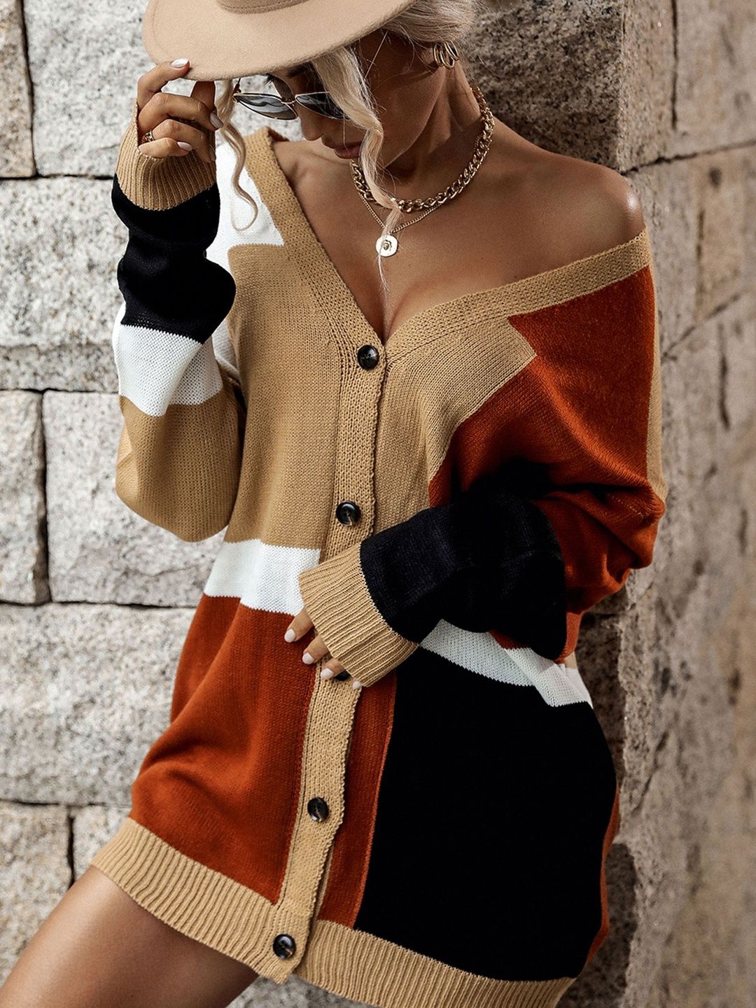 Women's Brown Colourblocked Cardigan Blend Printed
