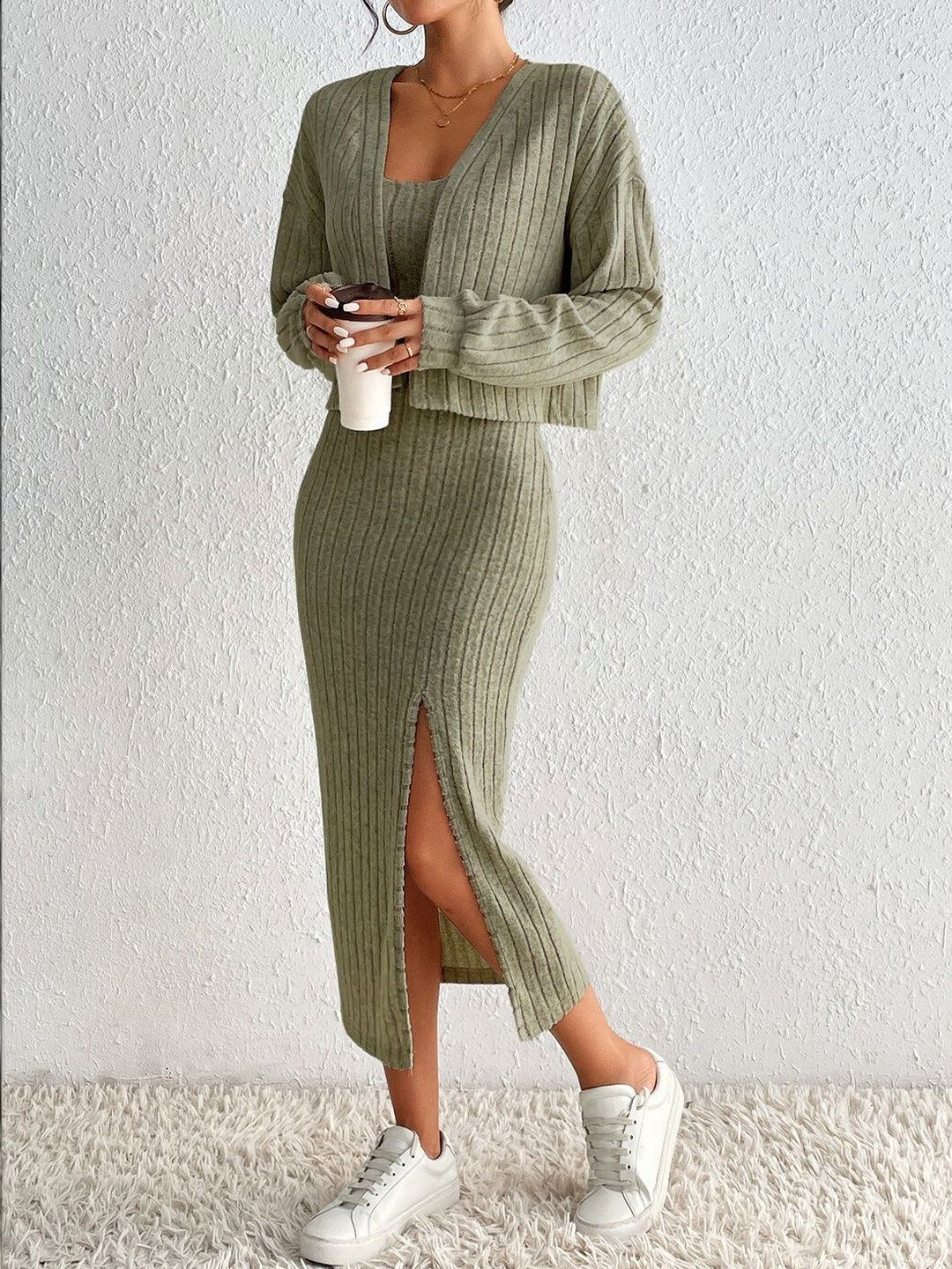 Olive Green Striped Co-ords with Sweater and Skirt