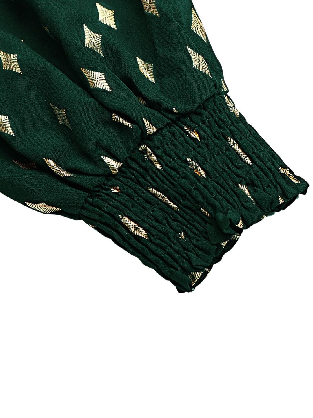 Women's Green Geometric Print Puff Sleeve Ruffles Top