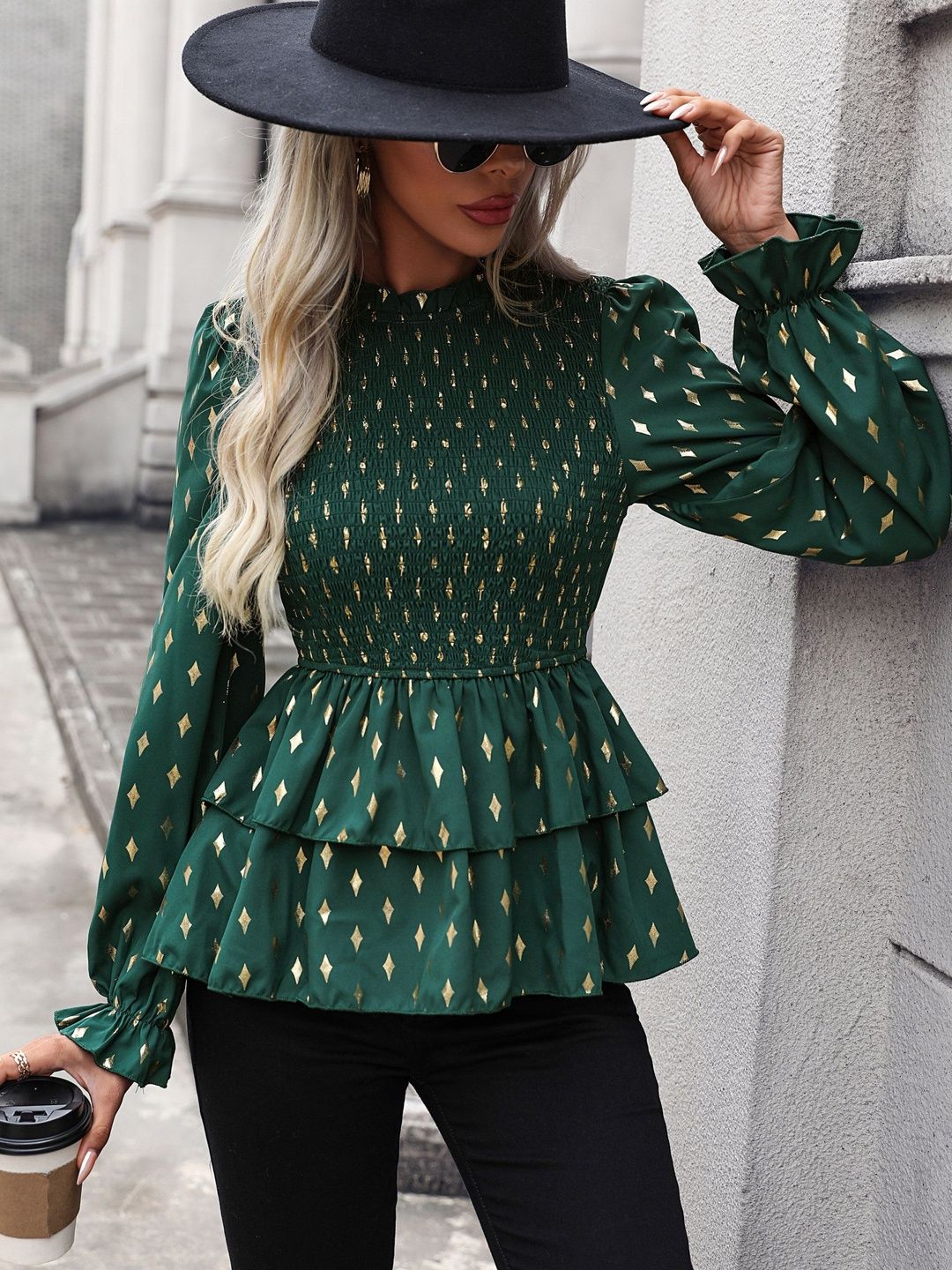 Women's Green Geometric Print Peplum Top