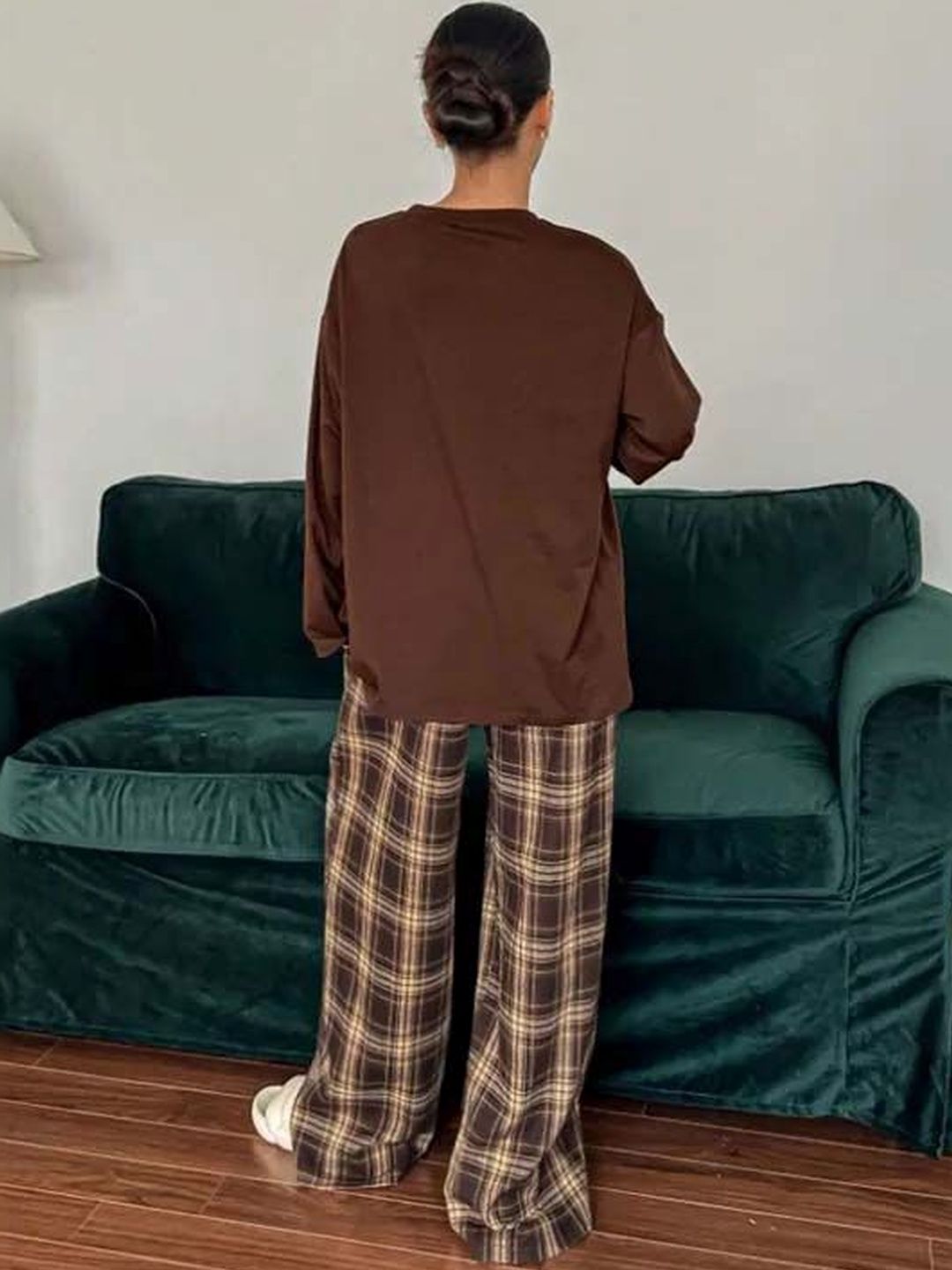Brown Solid Top with Checked Trousers