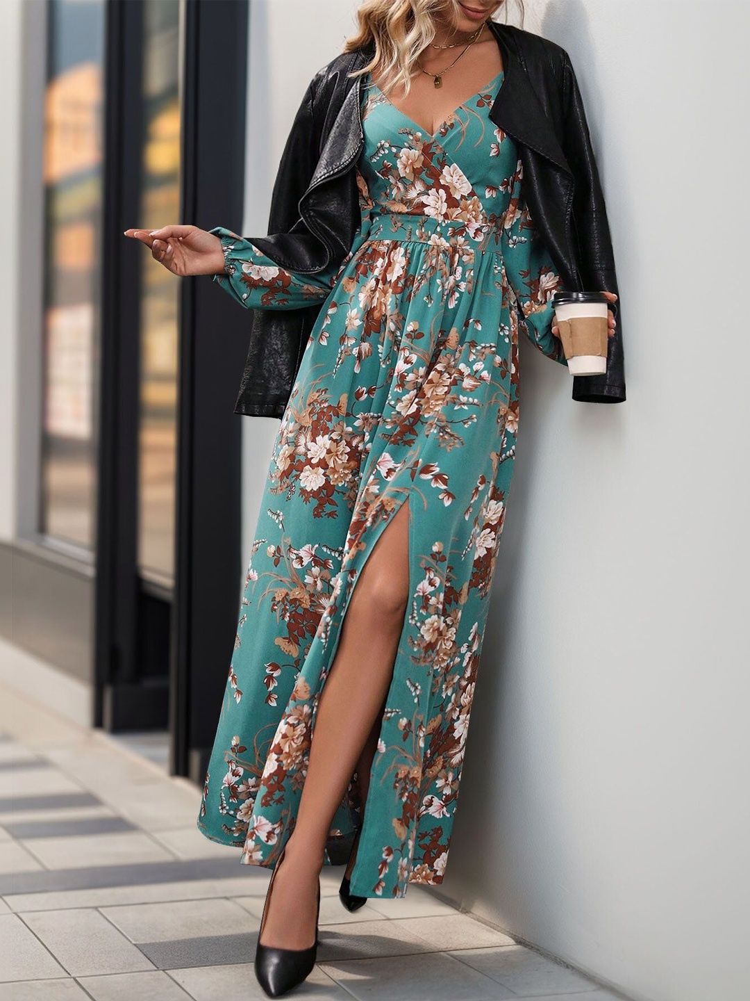 Women's Green Floral Print Fit & Flare Maxi Dress