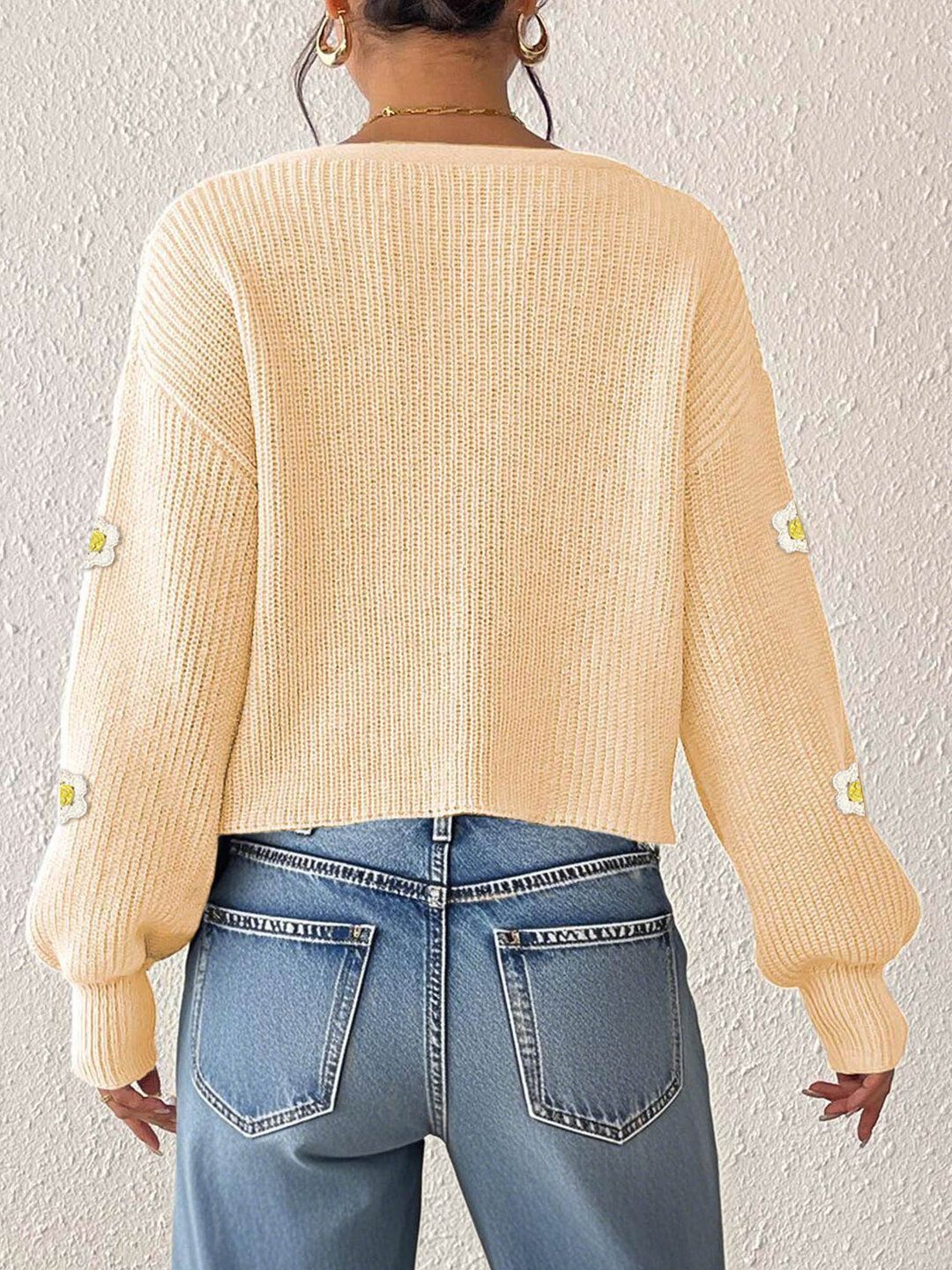 Women Floral Crop Cardigan with Applique Detail