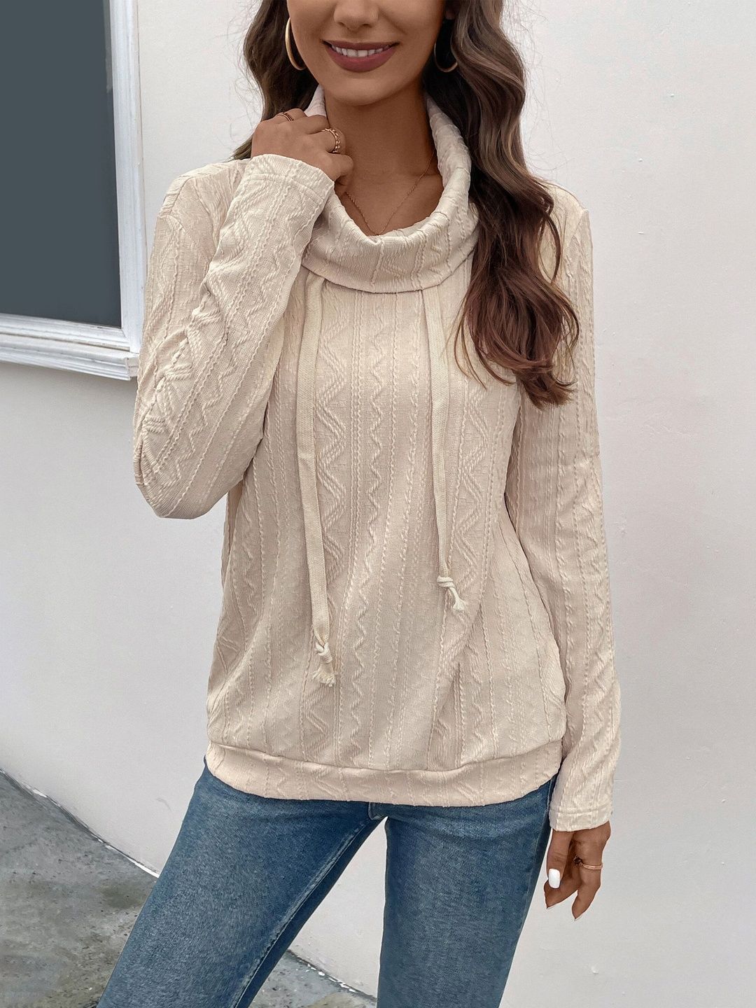 Women Turtle Neck Self Design Sweatshirt