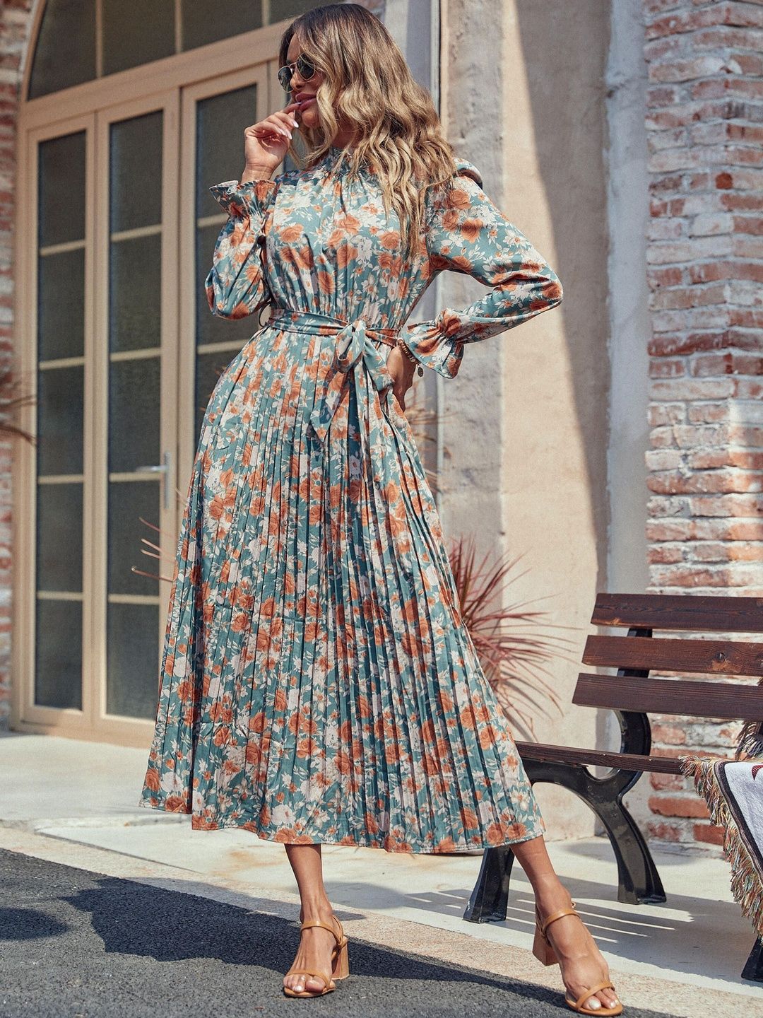 Women's Blue Floral Print Maxi Midi Dress